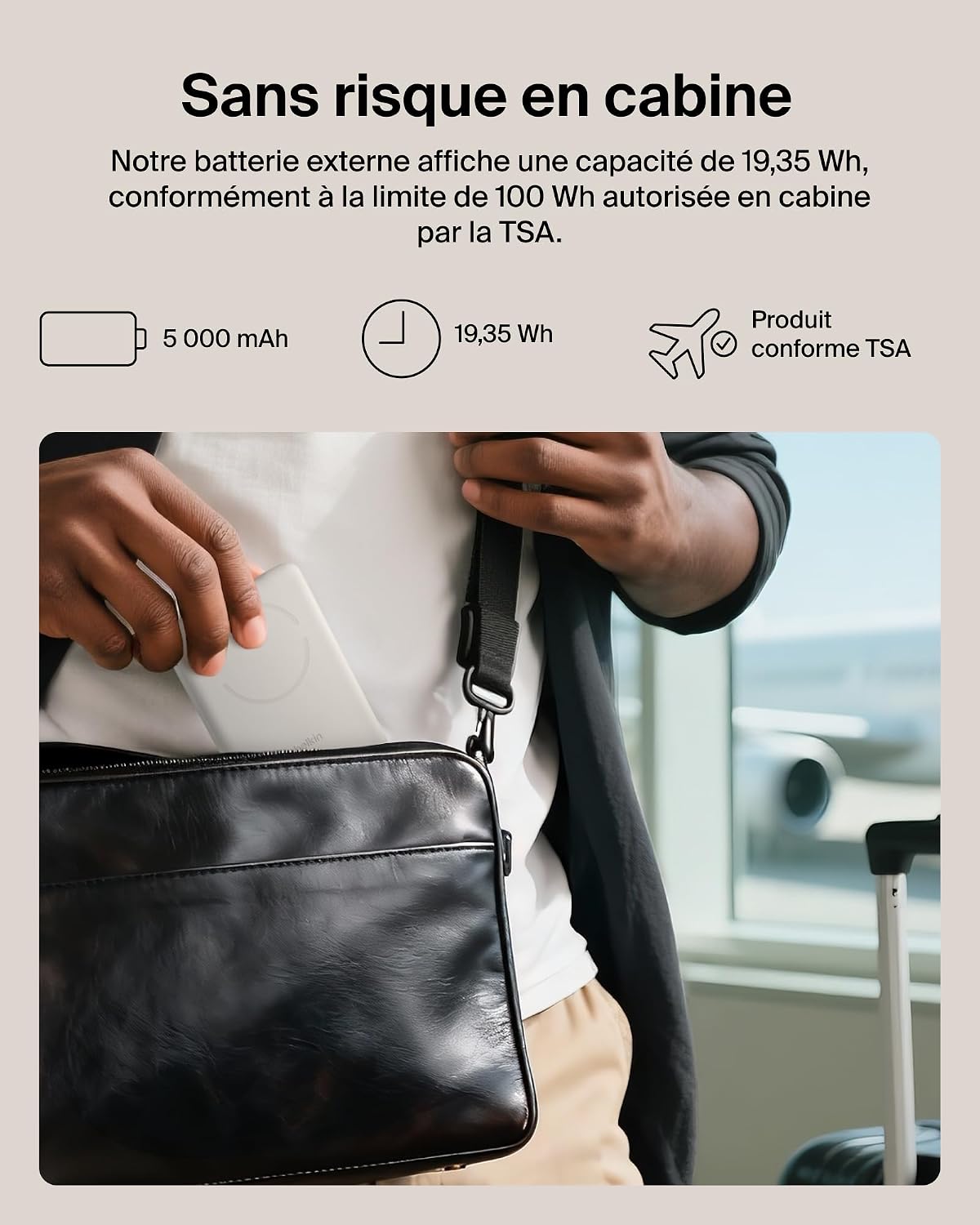 Detalle 1 de Belkin BoostCharge Batterie Externe Magnétique 5000 mAh – Chargeur portable 15 W, anneau magnétique et USB-C inclus (Beige)