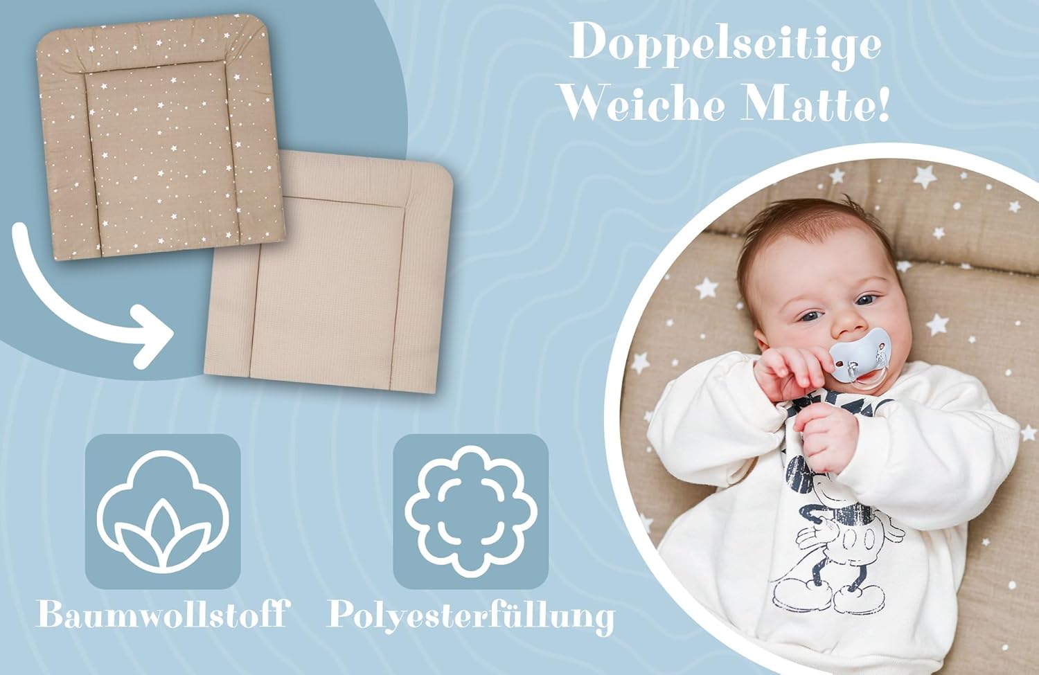 Thumbnail 3 de Materassino fasciatoio 75x72 cm in cotone lavabile: cuscino neonato pieghevole e portatile, beige con stelle bianche