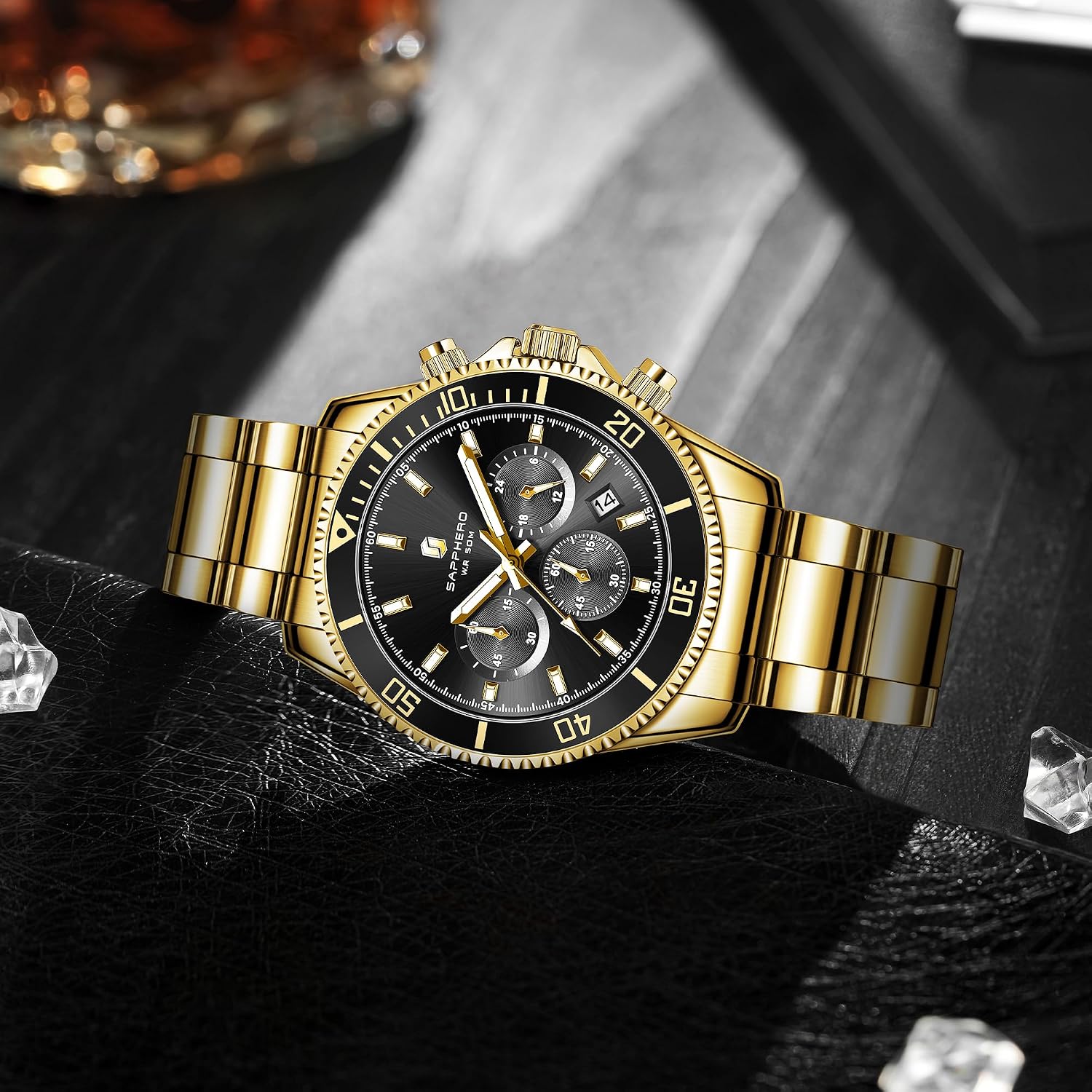 Detalle de SAPPHERO Orologio uomo analogico al quarzo con cronografo, 50M impermeabile e cinturino in acciaio