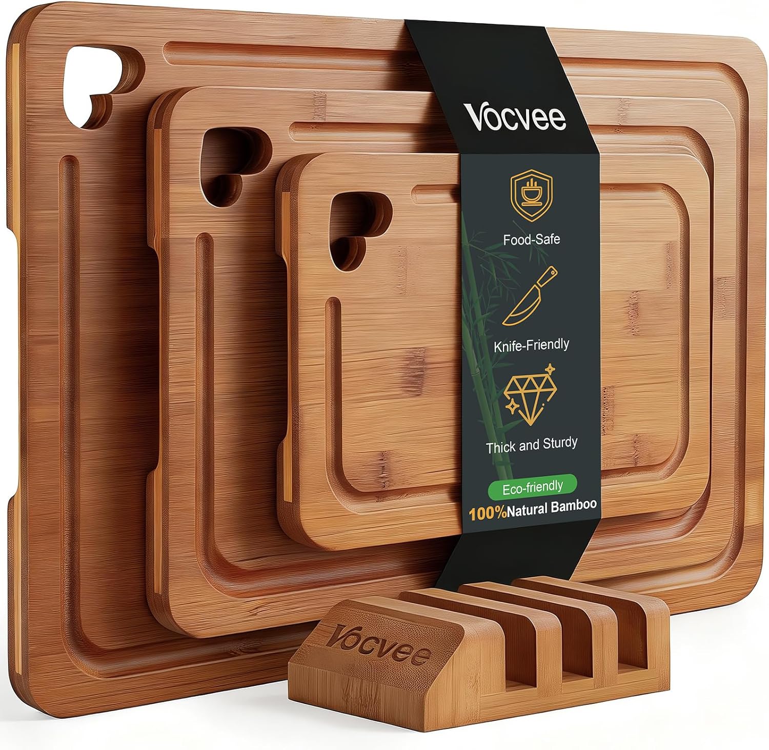Detalle de Vocvee Bamboo Cutting Boards for Kitchen (Set of 3) with Storage Stand, Juice Groove & Dual-Sided Prep/Serving