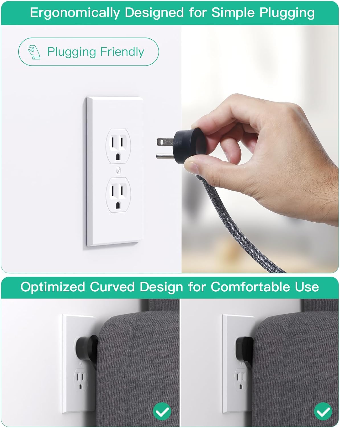 Detalle de Travel Essentials: Mifaso Power Strip with USB, 5ft Flat Plug Extension (3 Outlets, 4 USB Ports) — Non-Surge, Cruis Ship & Dorm Ready
