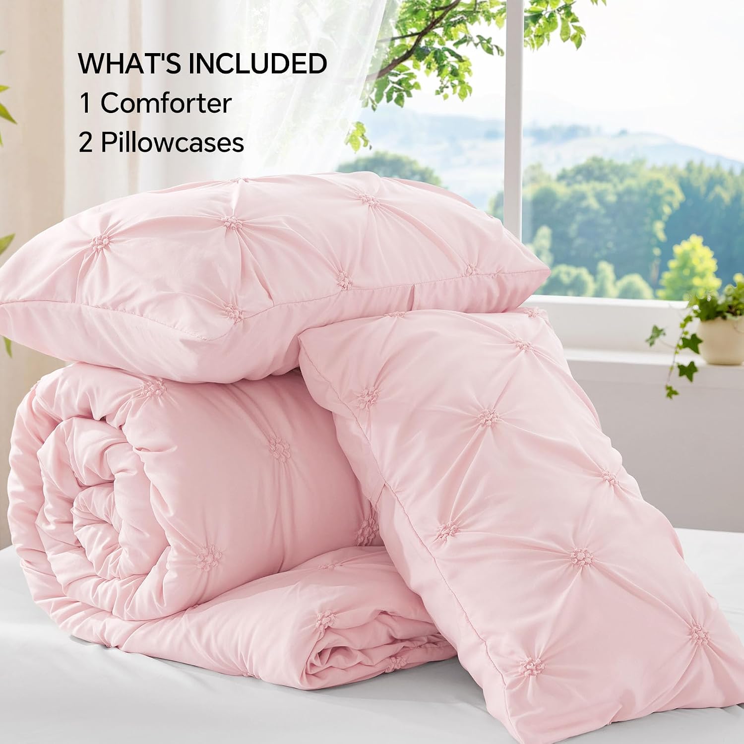 Thumbnail 6 de BEDELITE Baby Pink Queen Comforter Set — 3 Pieces Boho Pintuck Bedding for All-Season Comfort
