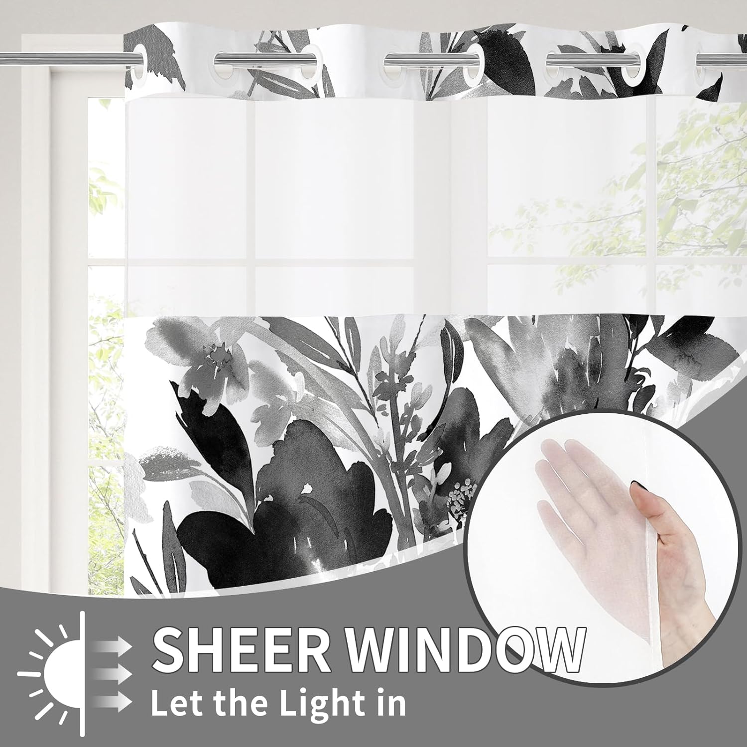 Detalle de Litabel No Hook Black Watercolor Floral Shower Curtain and Liner Set, 72x74
