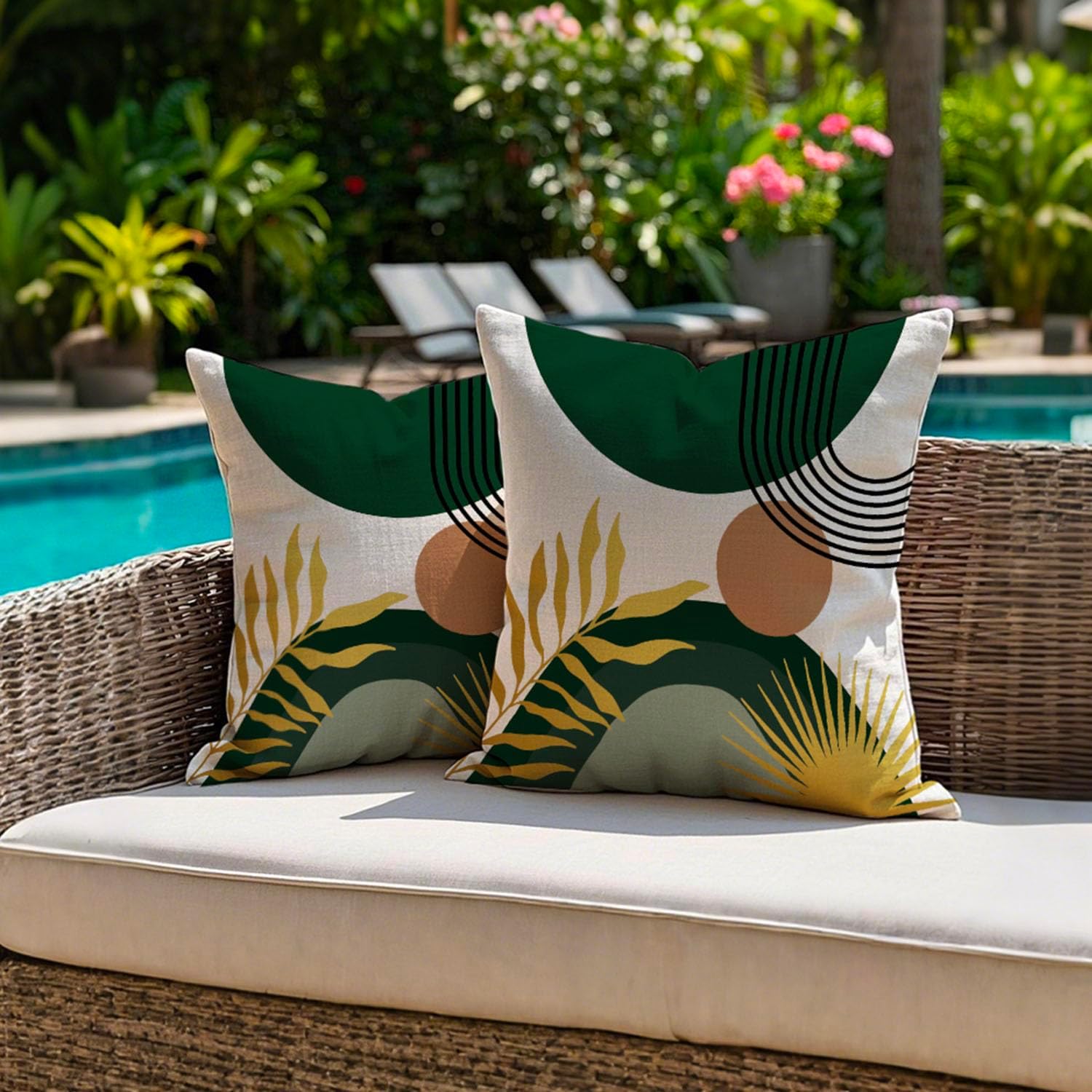 Detalle de Jayusaror Outdoor Kissenbezug 45x45 cm – 2er Set, wetterfest grün, Boho/Minimalistisch