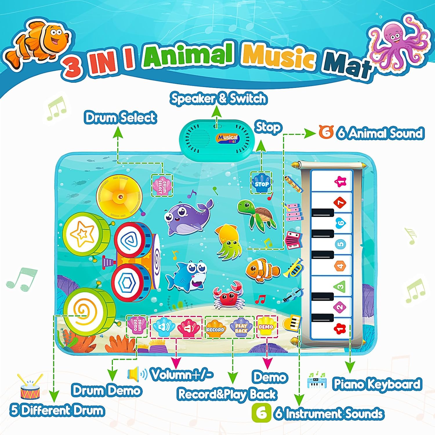 Thumbnail 5 de Gralal 3-in-1 Animal Musical Mat for 1–2 Year Olds – Piano, Drums & Recording Toy