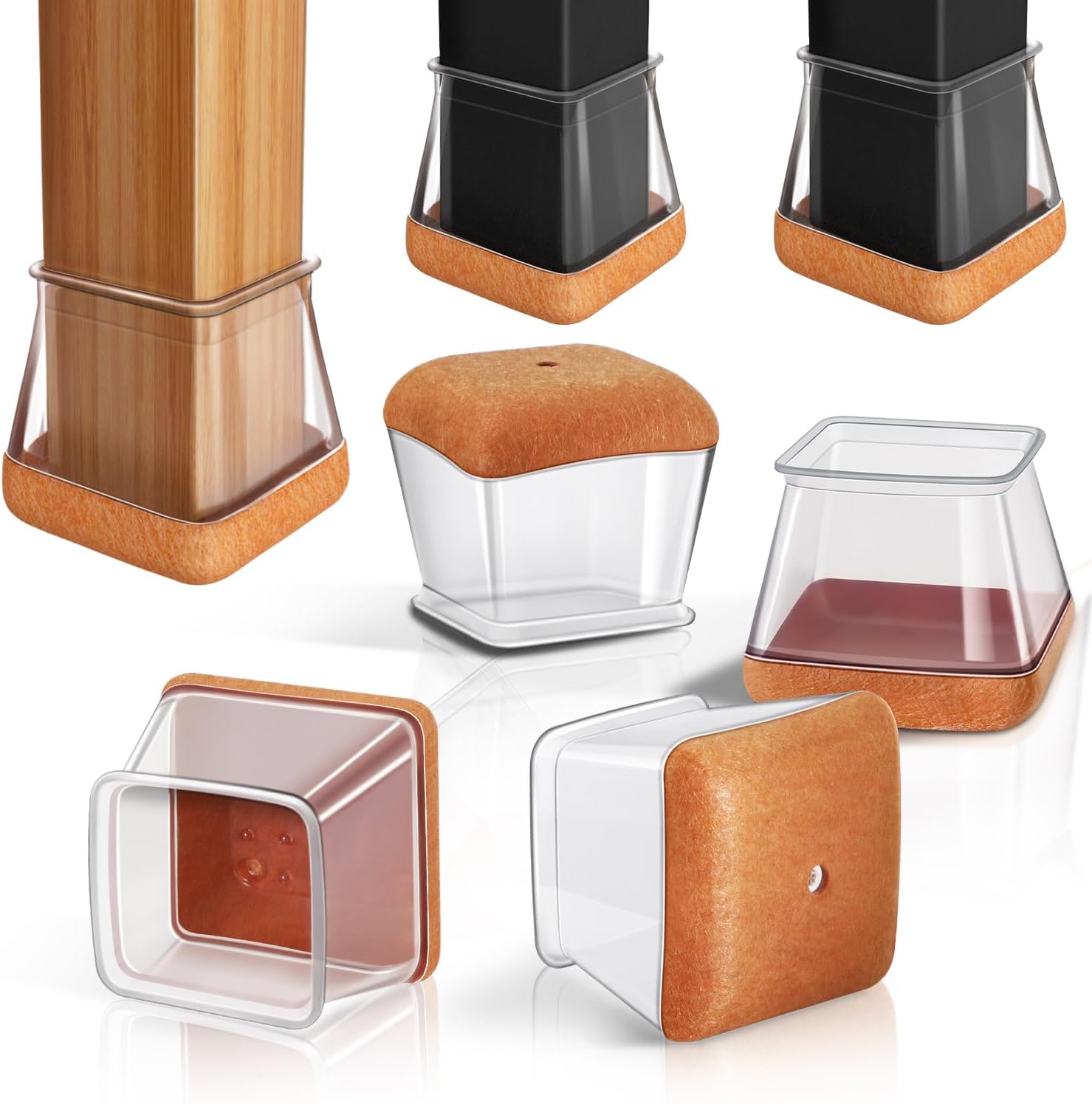 Detalle de PISAO P-02 Chair Leg Protectors, Clear Silicone Caps with Wrapped Felt Bottom