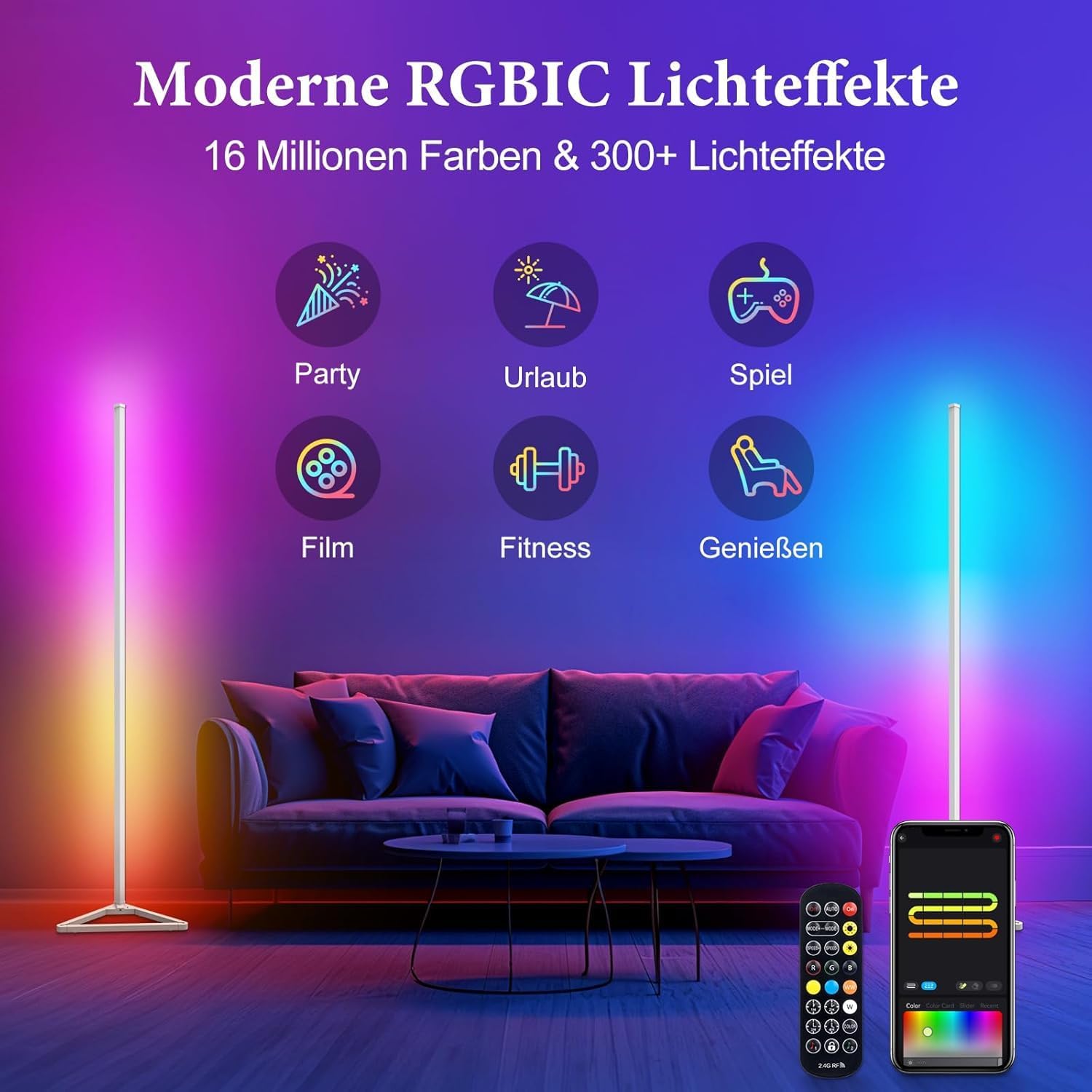 Thumbnail 1 de LED Stehlampe für Wohnzimmer 140 cm dimmbar – RGB abnehmbar, Fernbedienung & App, Musik-Sync