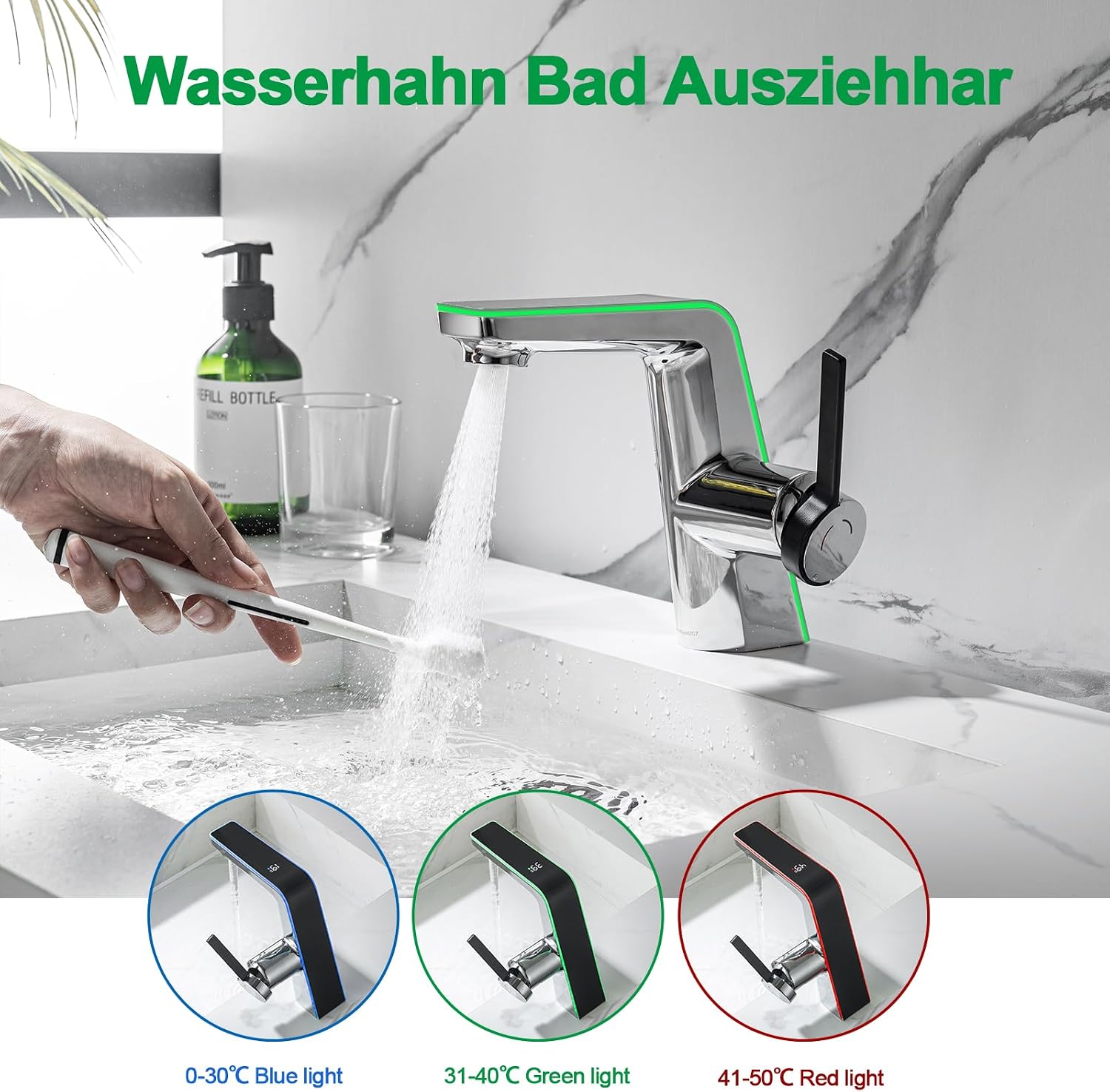 Detalle de Robinet de salle de bain LakeBayMZC avec affichage LED de la température – Mitigeur monocommande en laiton, chromé