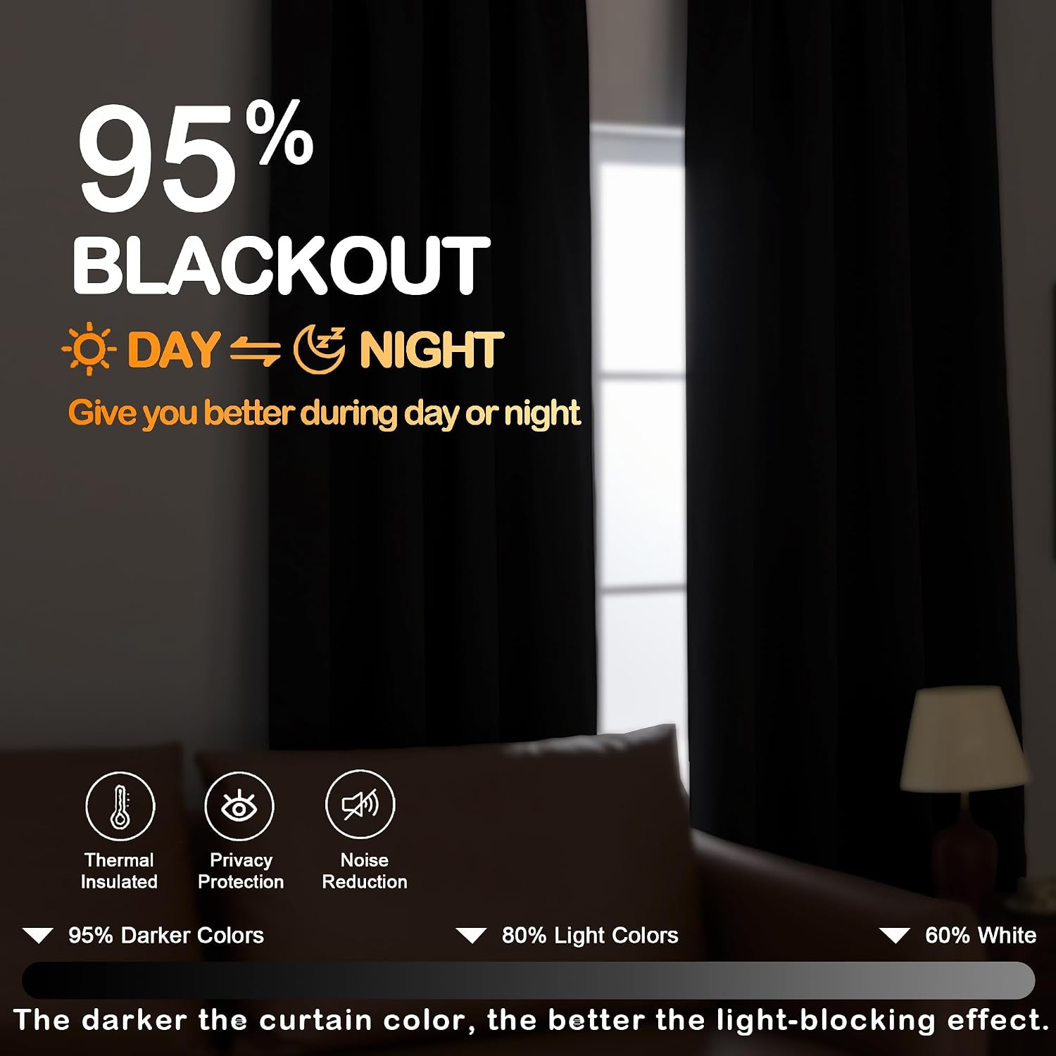 Detalle de OVZME Blackout Curtains for Bedroom, 72-Inch Length, 2 Panels (80" Total Width) in Black