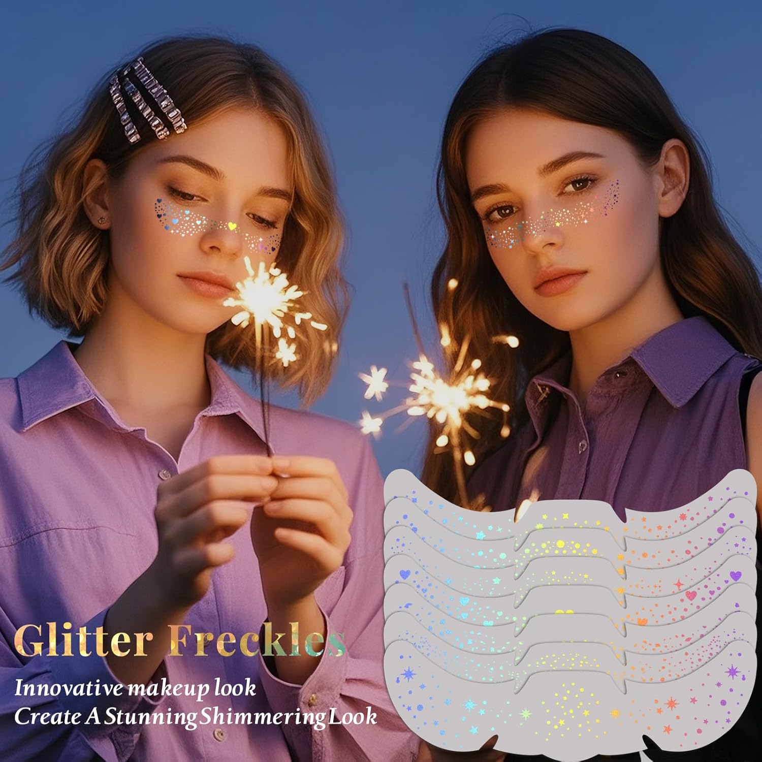 Detalle de 24pcs Glitter Freckles Makeup Patches – Holographic Multicolor Face Glitter Speckles