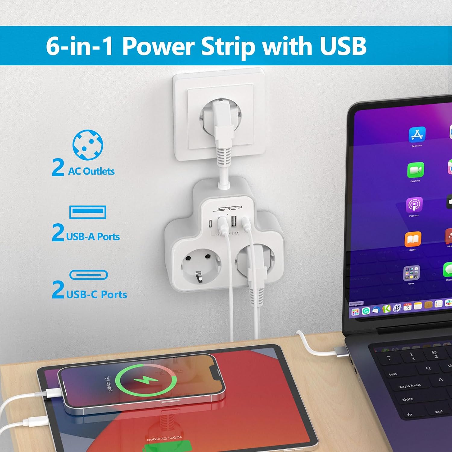 Detalle 2 de Multipresa JSVER 6 in 1 con USB C 3680 W