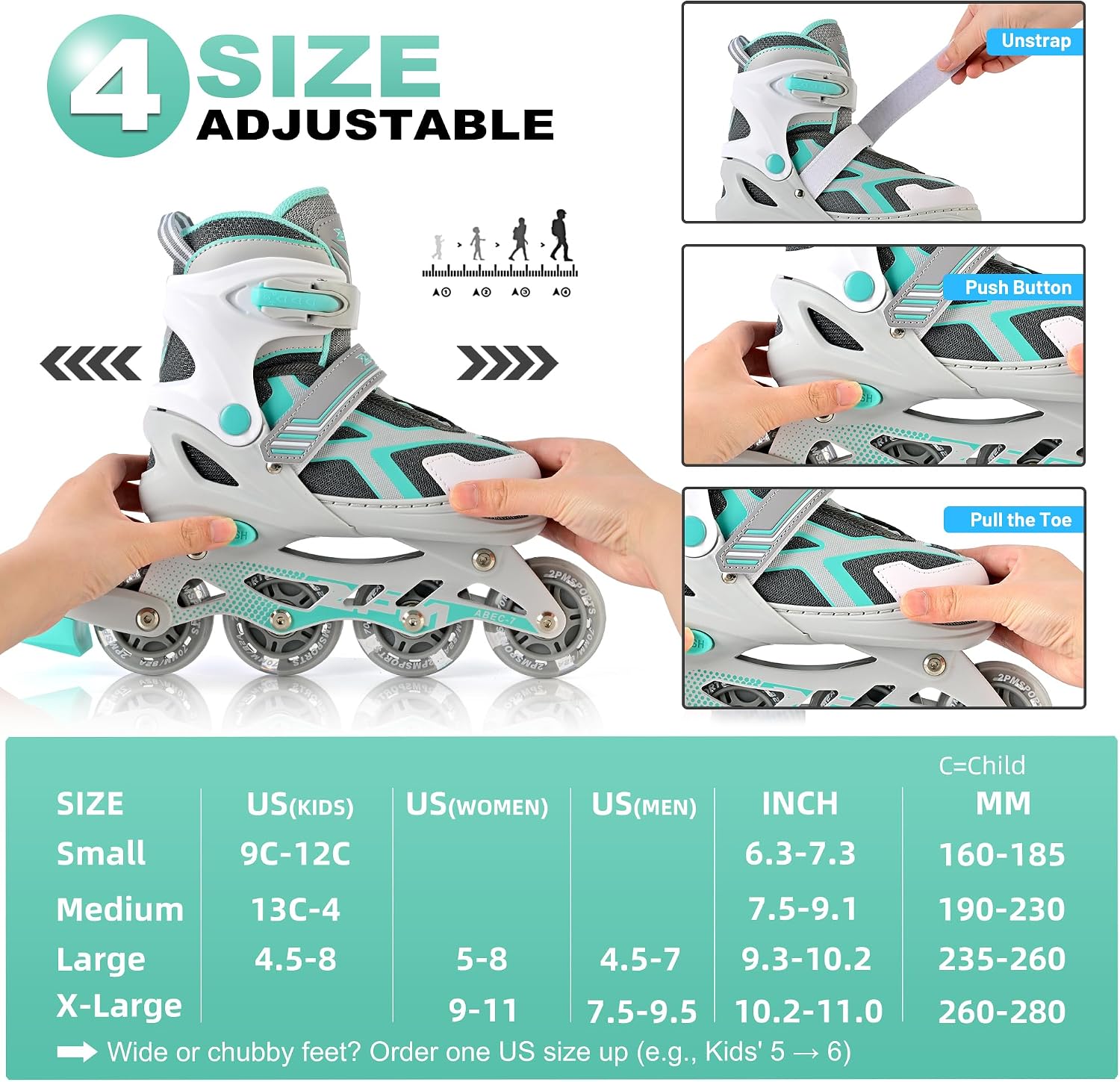 Detalle de 2PM SPORTS Torinx Adjustable Inline Skates with Light-Up Wheels and Triple Closure