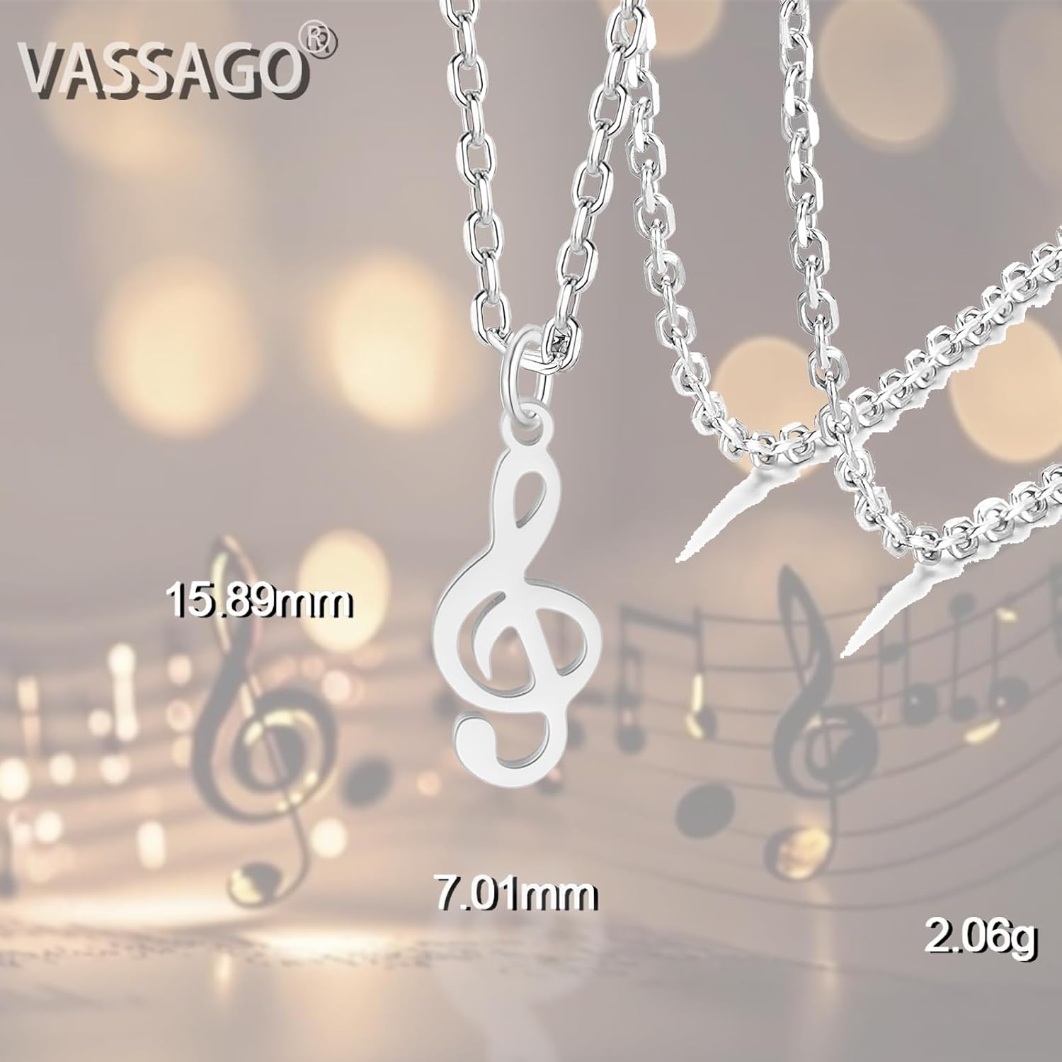 Detalle de VASSAGO Music Note Pendant Necklace for Women – Treble Clef Stainless Steel Jewellery