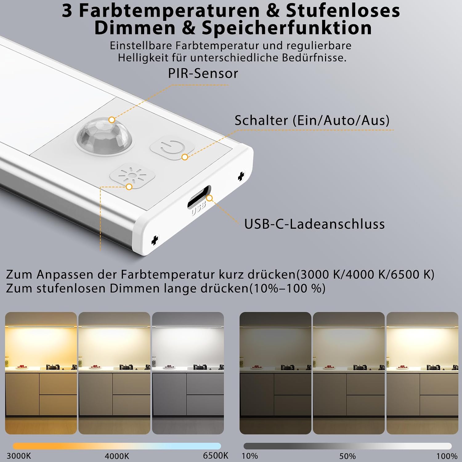 Detalle de OUILA Schrankbeleuchtung LED 60 cm mit Bewegungsmelder, 3 Farbmodi und USB-C (wiederaufladbar)