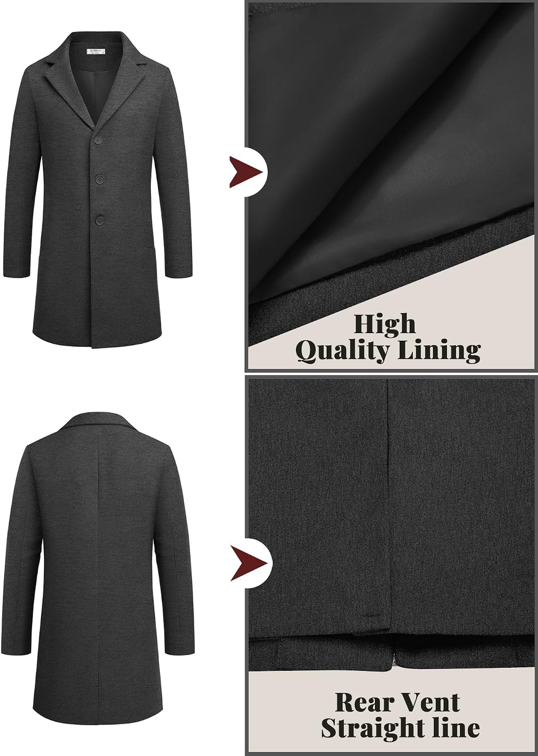 Detalle de COOFANDY Men's Wool Blend Peacoat with Notched Lapel and Pockets