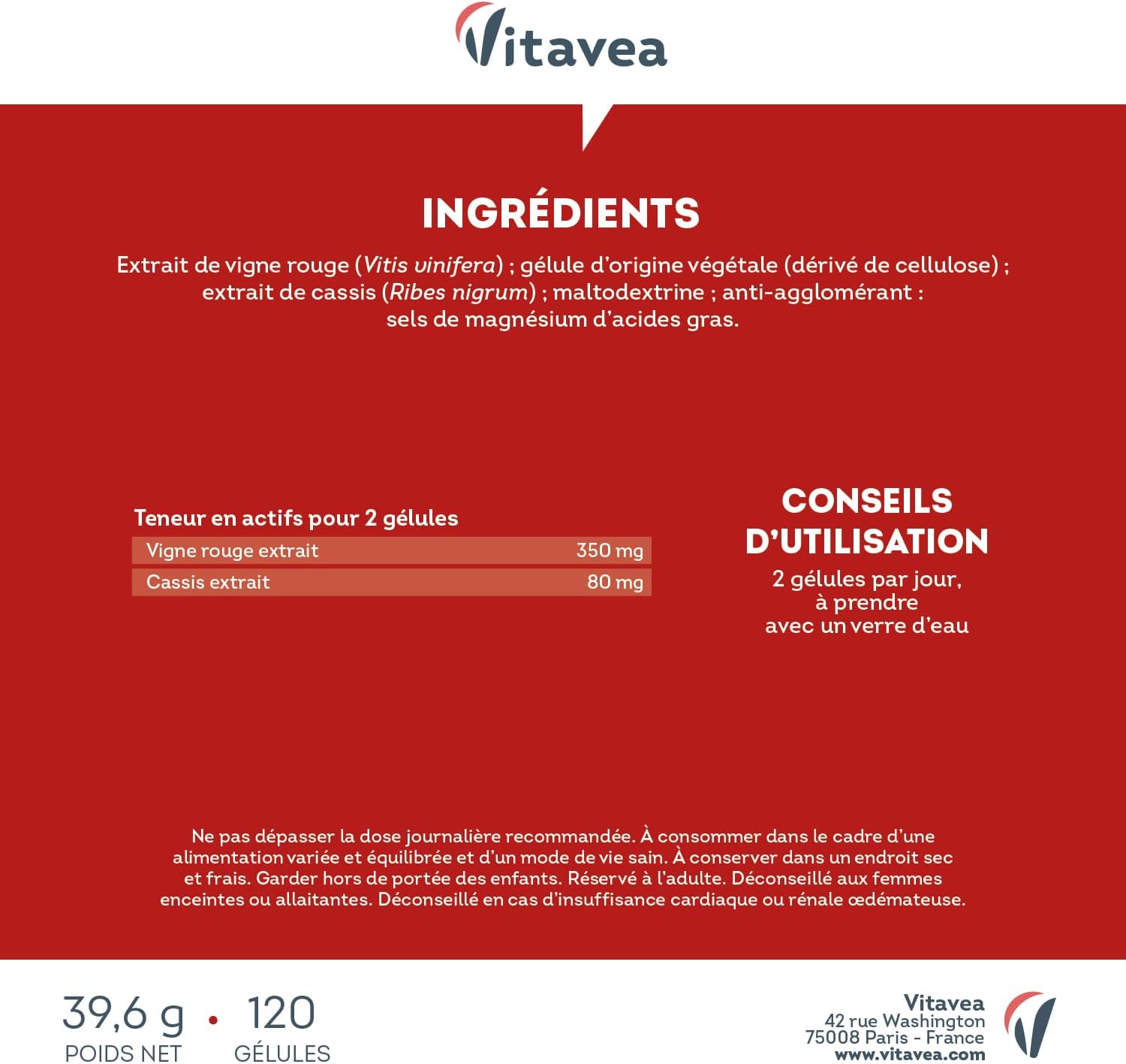 Thumbnail 6 de Circulation Sanguine Jambes Légères - Vigne Rouge & Cassis – 120 Gélules (Fabriqué en France) par Vitavea