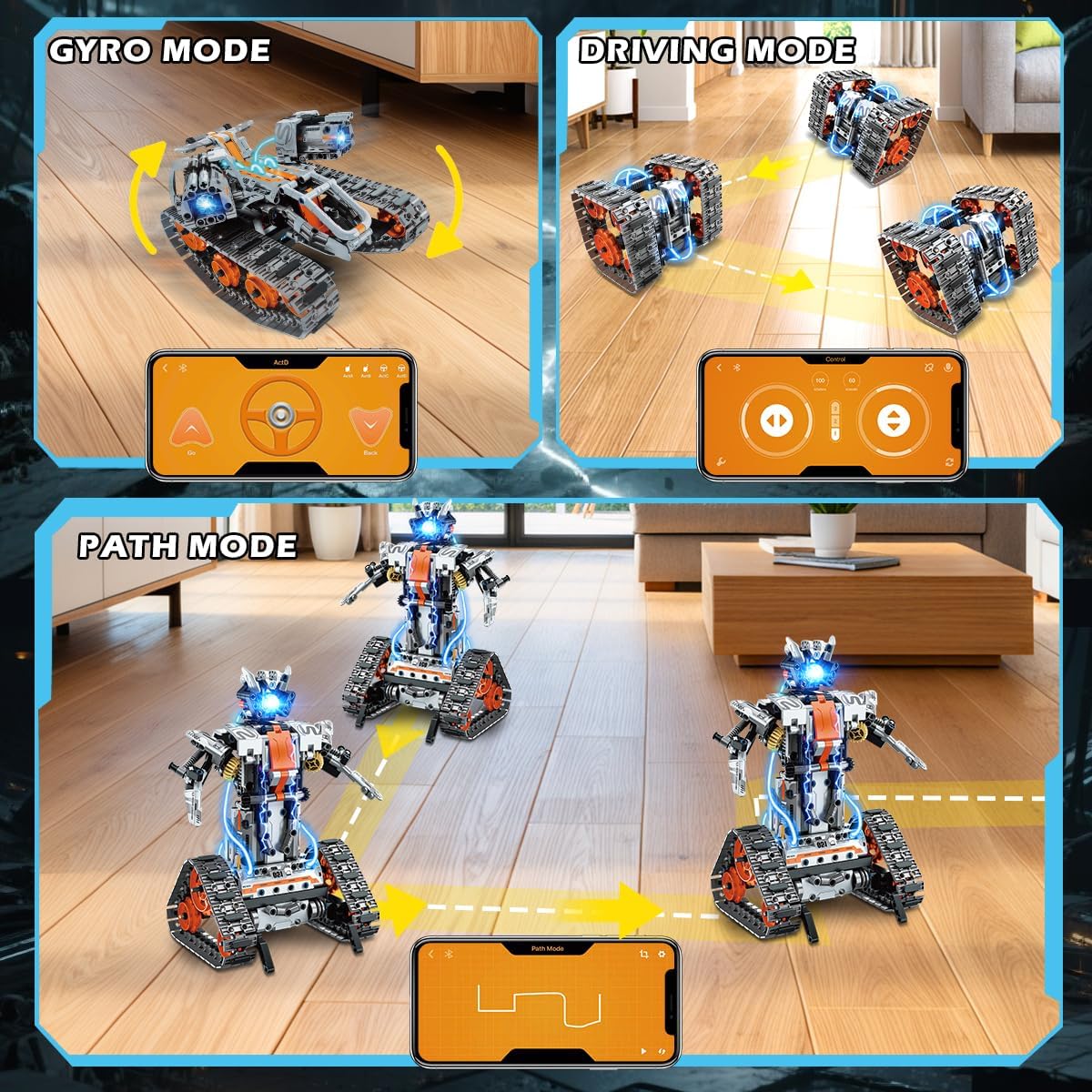Detalle de PLAXSOON Technik Bauspielzeug 5‑in‑1: RC Panzer, Roboter & Co. mit LED, 604 Teile