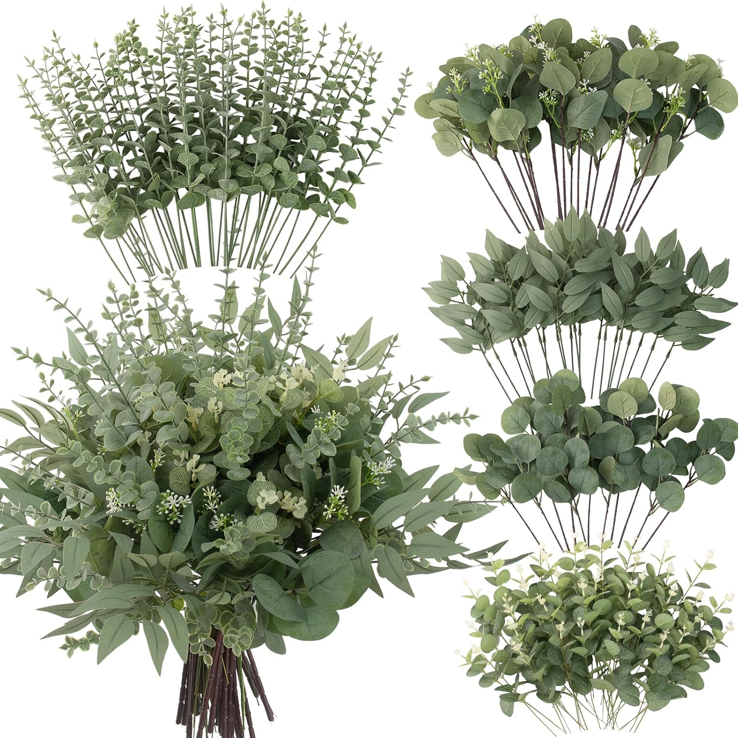 Detalle de Lovemoon 130 Pcs Artificial Eucalyptus Stems Bulk – 5 Styles for DIY Bouquets & Decor