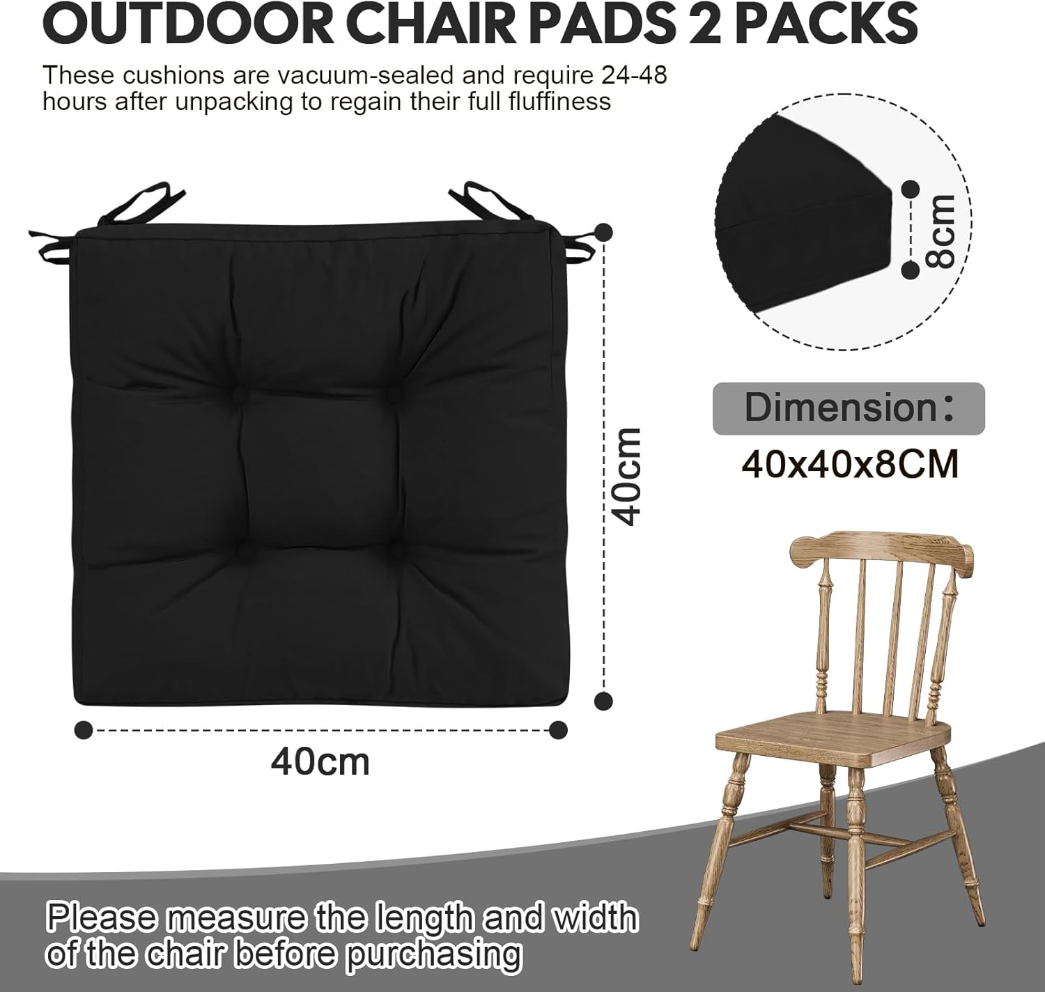 Thumbnail 2 de PRIMEPATIO Outdoor Garden Chair Cushions Set of 2 – 40 x 40 cm, 8 cm Thick, Waterproof with Ties (Black)