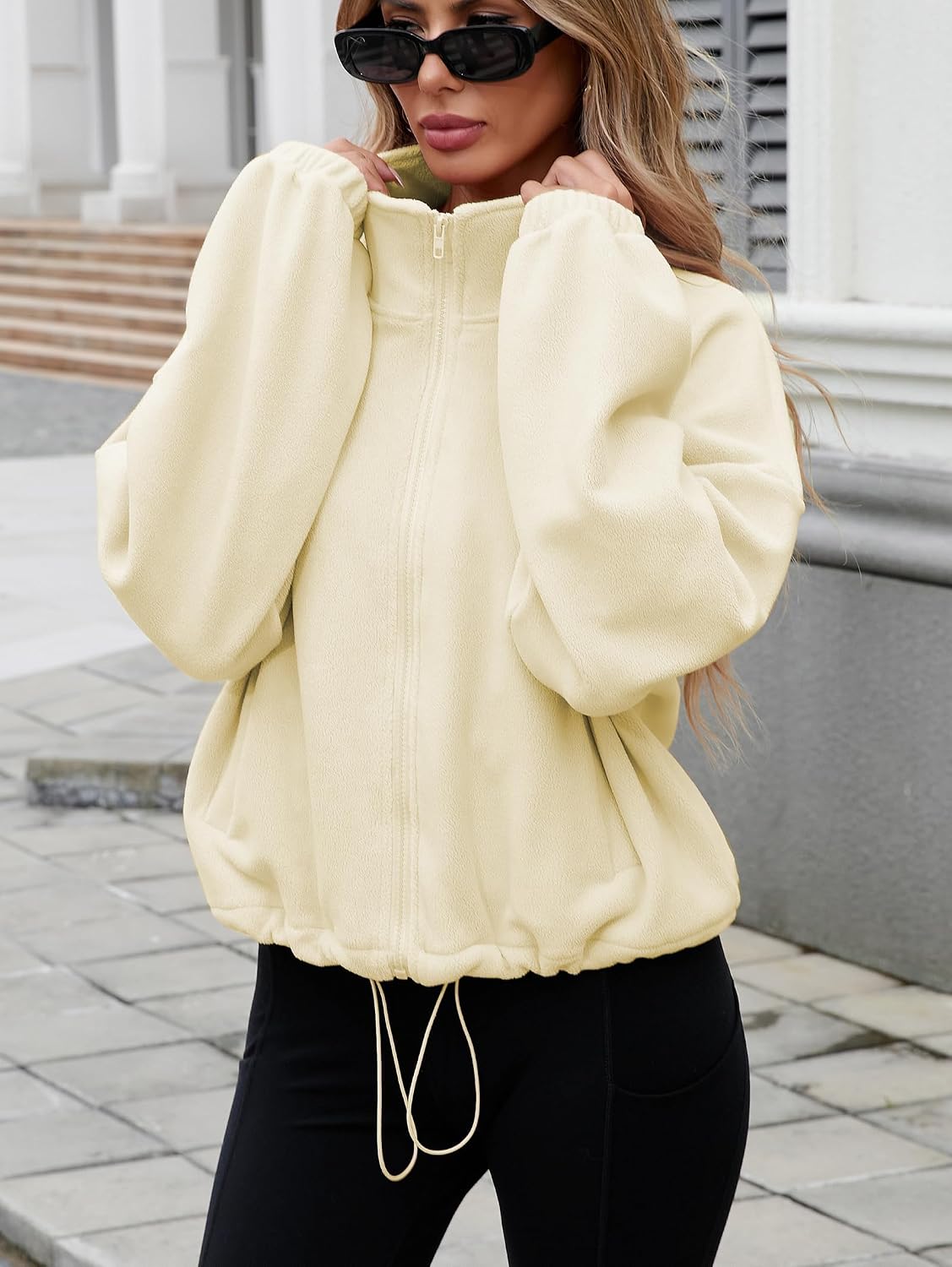 Thumbnail 1 de Famulily women’s drawstring hem full-zip fleece cropped sweatshirt jacket with pockets (S–XL)
