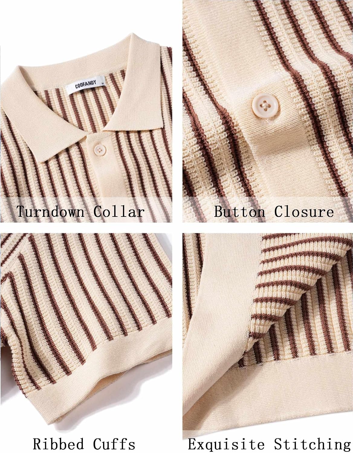 Thumbnail 4 de COOFANDY Men’s Knit Button Down Short Sleeve Polo Shirt with Vintage Stripes