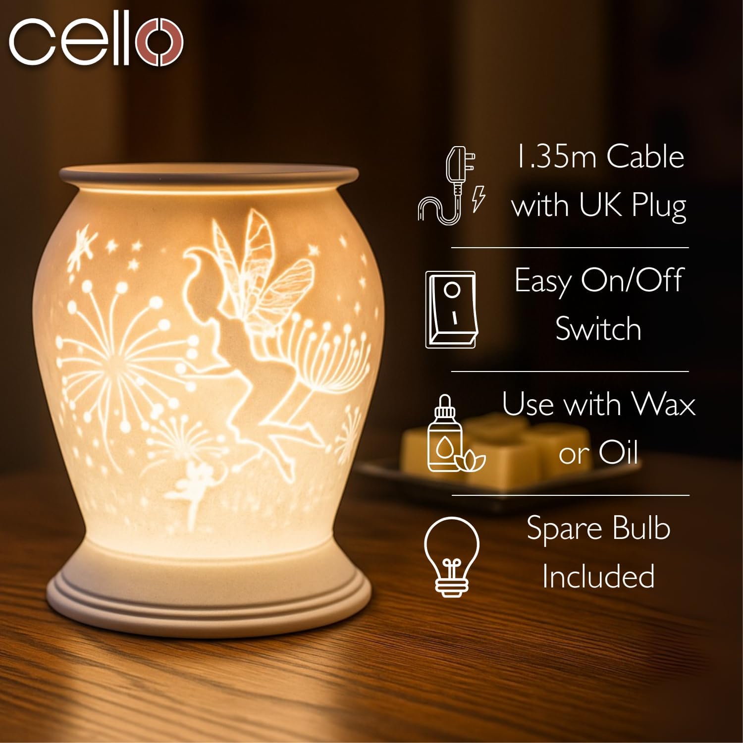 Thumbnail 1 de Cello Porcelain Barrel Electric Wax Melt Burner with 3D Lithophane Projection (Fairy Tale Pattern)