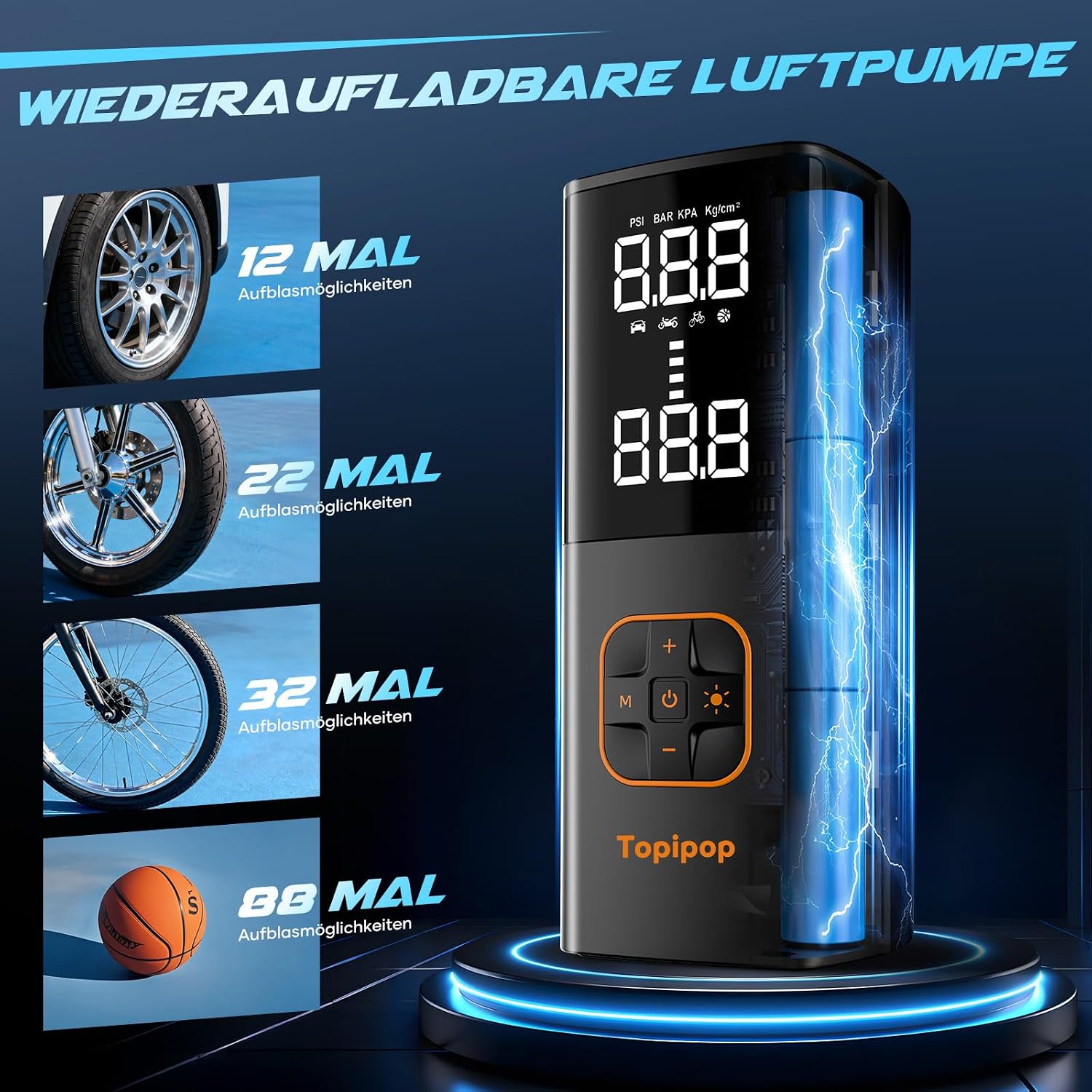 Thumbnail 6 de Topipop Elektrische Luftpumpe – 150 PSI Akku Kompressor mit 4 Modi und Powerbank-Funktion