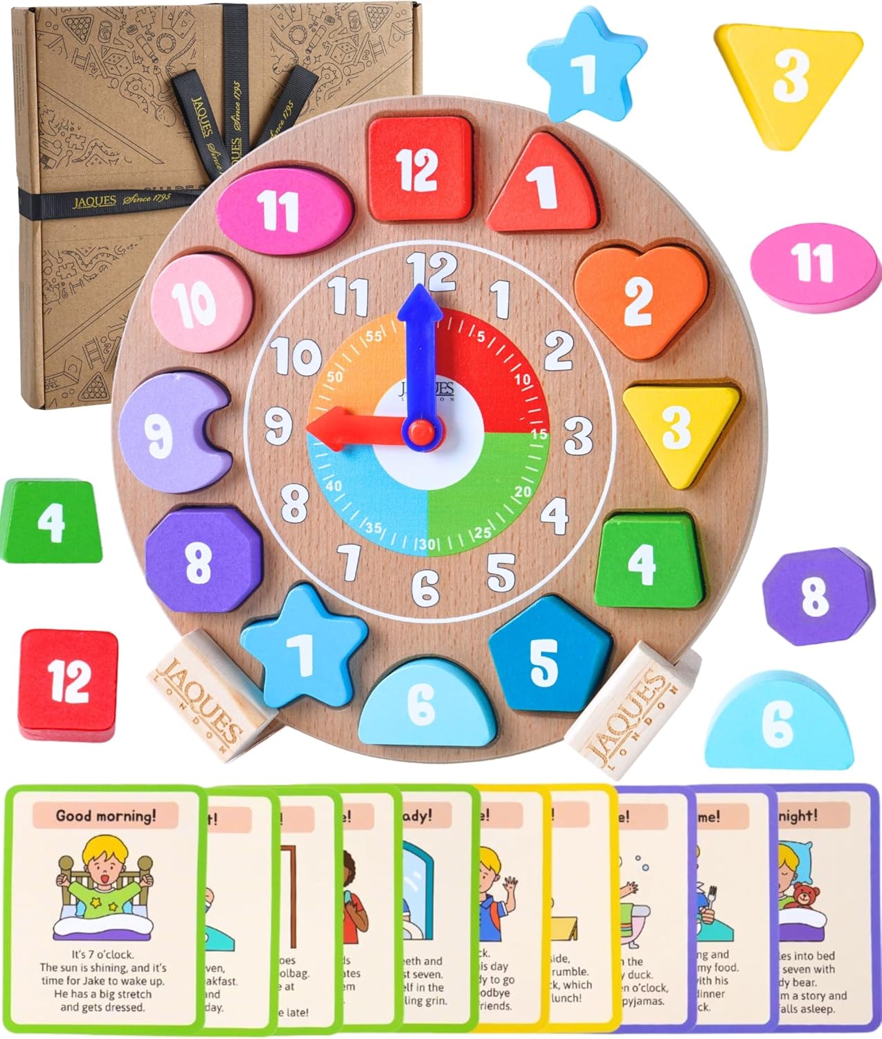 Detalle de Jaques of London Wooden Kids Learning Clock with Daily Routine Cards — a Montessori-style teaching clock for toddlers and preschoolers