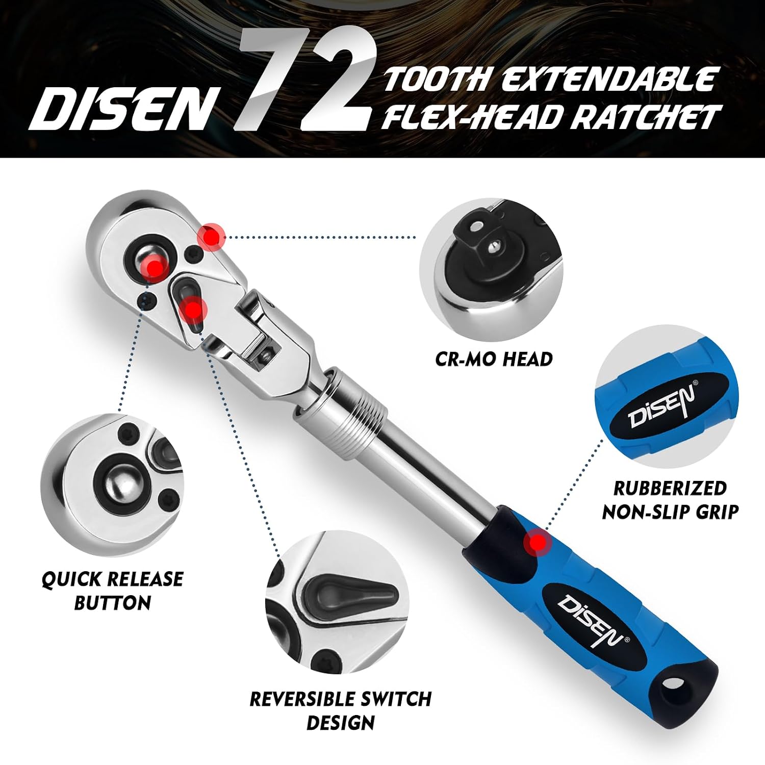 Detalle 2 de DISEN DISEN-3HDTJLB Extendable Flex-Head Ratchet Wrench Set, 3-Piece, 72-Tooth