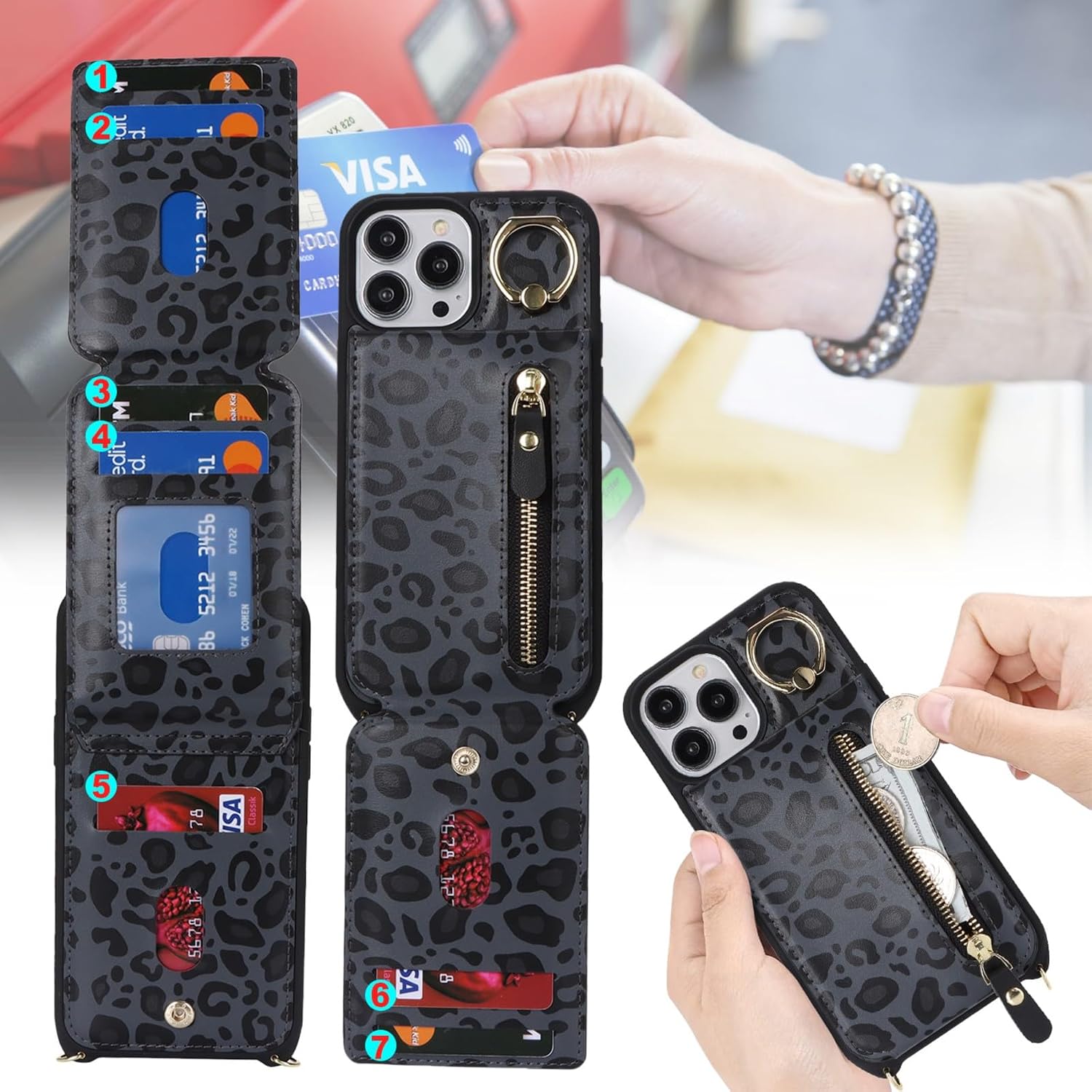 Detalle de Zouzt iPhone 13 Pro Wallet Case with Card Holder, Strap and Ring – Black Leopard