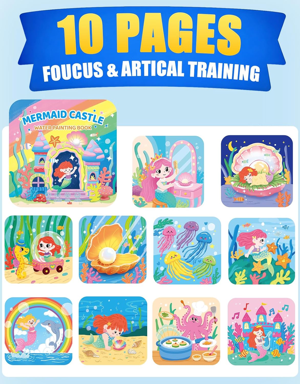 Thumbnail 5 de Reusable 10 Pages Mermaid Water Painting Book for Toddlers (Ages 1-3): Mess-Free, Travel-Friendly