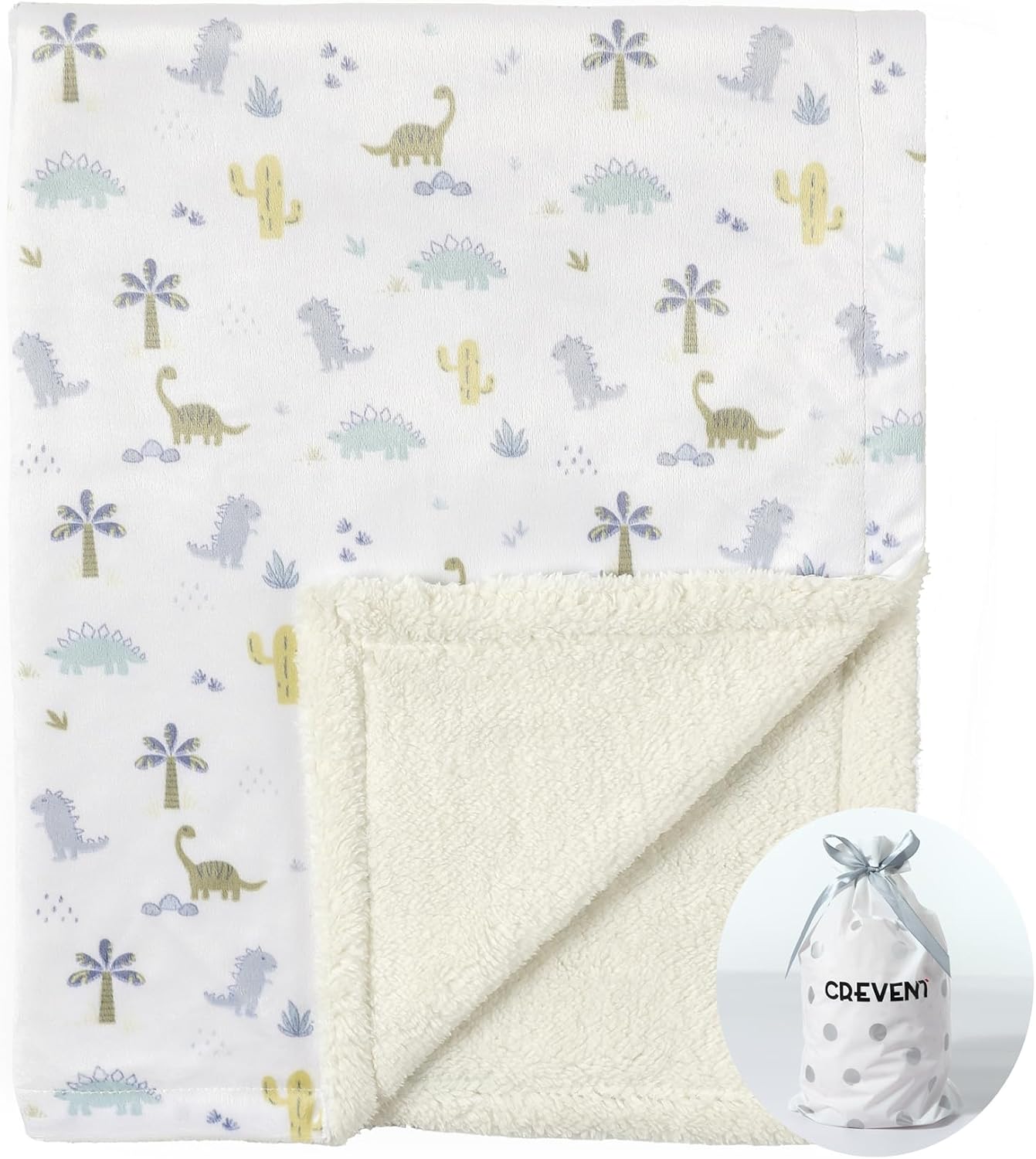 Detalle de CREVENT Cozy Soft and Warm Mink Baby Blanket with Sherpa Backing (75 x 100cm) – Dinosaur gift pack