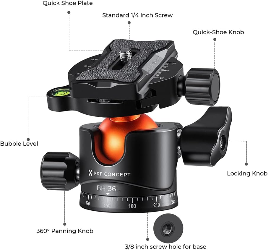 Thumbnail 5 de K&F Concept Testa a sfera per treppiede in metallo 36 mm, rotazione a 360°, livella a bolla