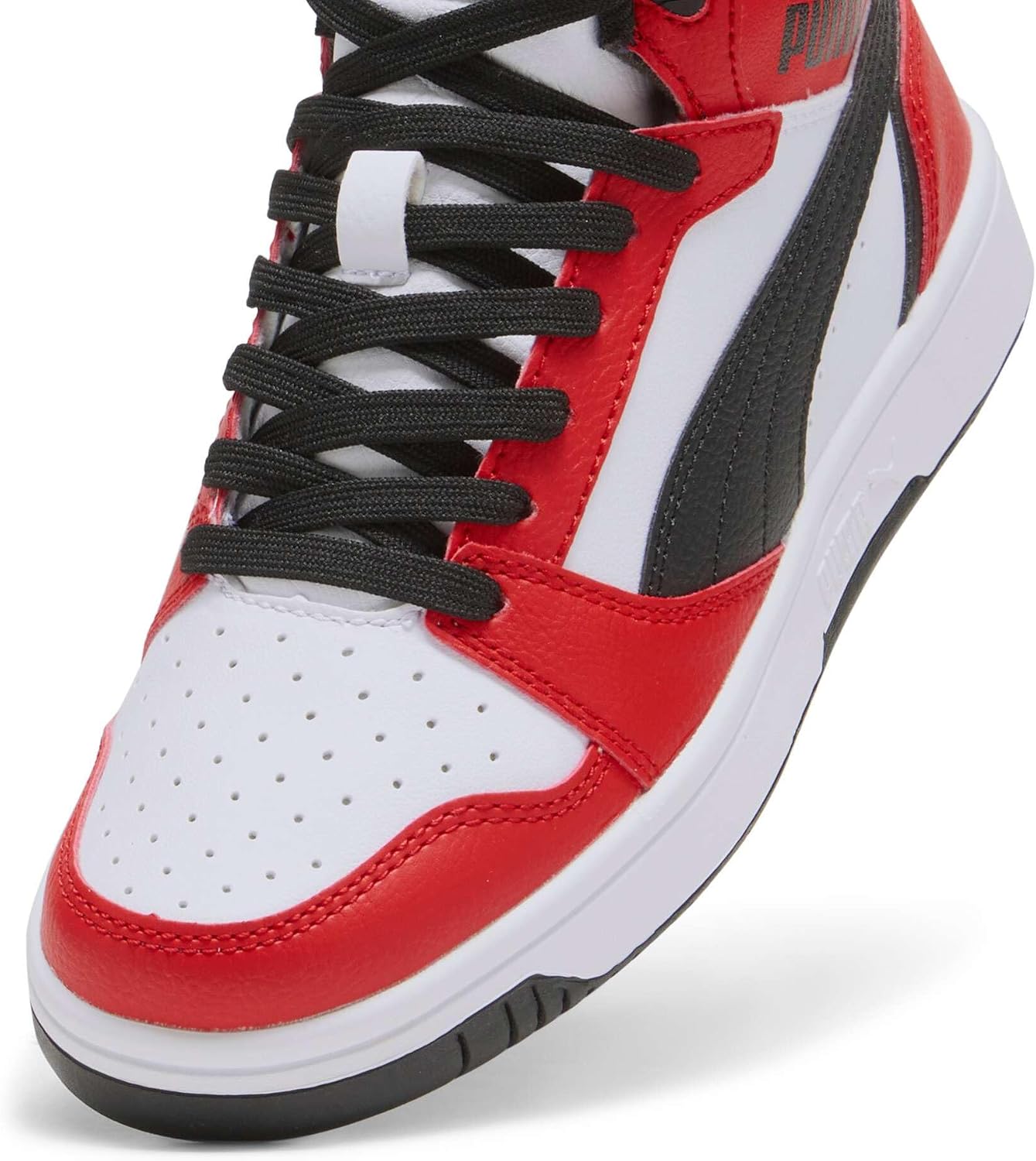 Detalle de PUMA Rebound V6 Mid Jr: Zapatillas unisex para niños en blanco/negro/rojo (36 EU)