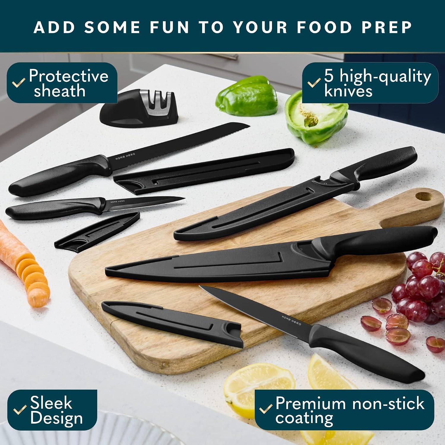 Detalle de Home Hero HHKS0141 11-Piece Knife Set, Black Stainless Steel Blades