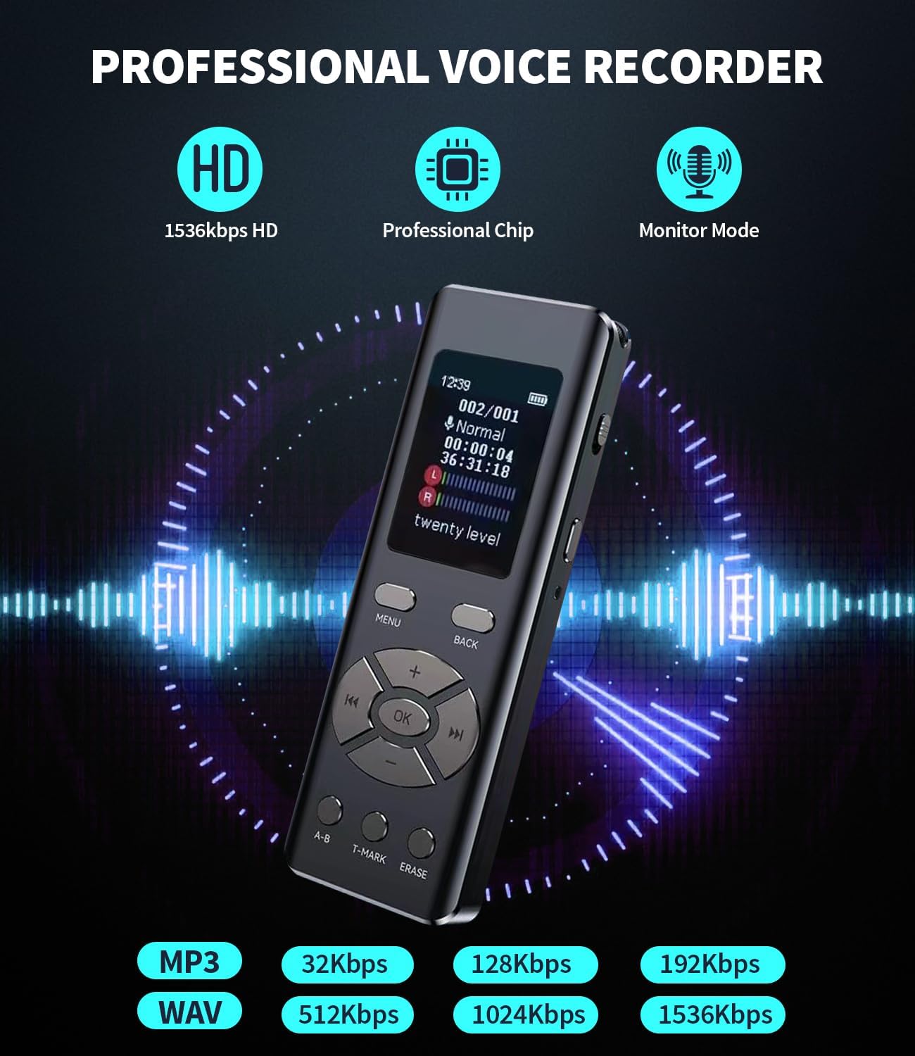 Thumbnail 4 de DISTANCEE 64GB Digital Voice Recorder — voice activated
