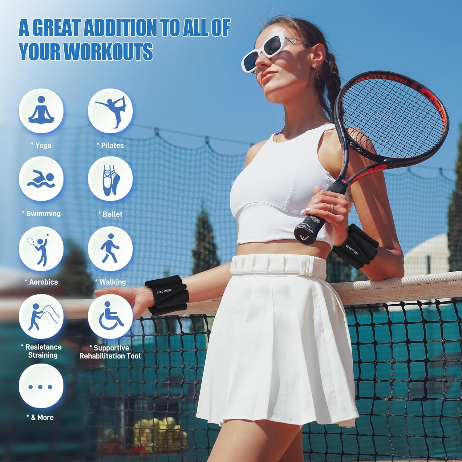 Detalle 2 de BECOJADDE Ankle Weights Set of 2 (1 lb/2 lb/3 lb Each) — Adjustable Wrist Weights for Strength, Yoga, and Cardio