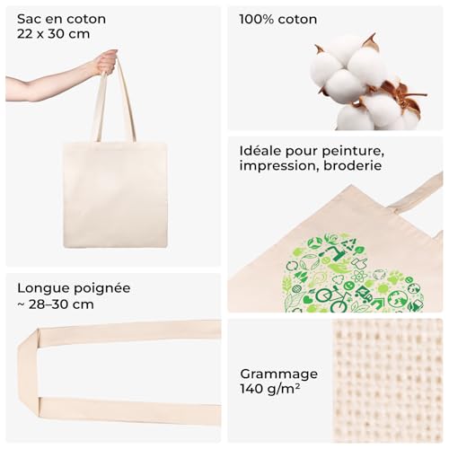 Thumbnail 3 de SAKETOS Sac en coton non imprimé pour courses et projets créatifs – 38 x 42 cm, lot de 10 pièces