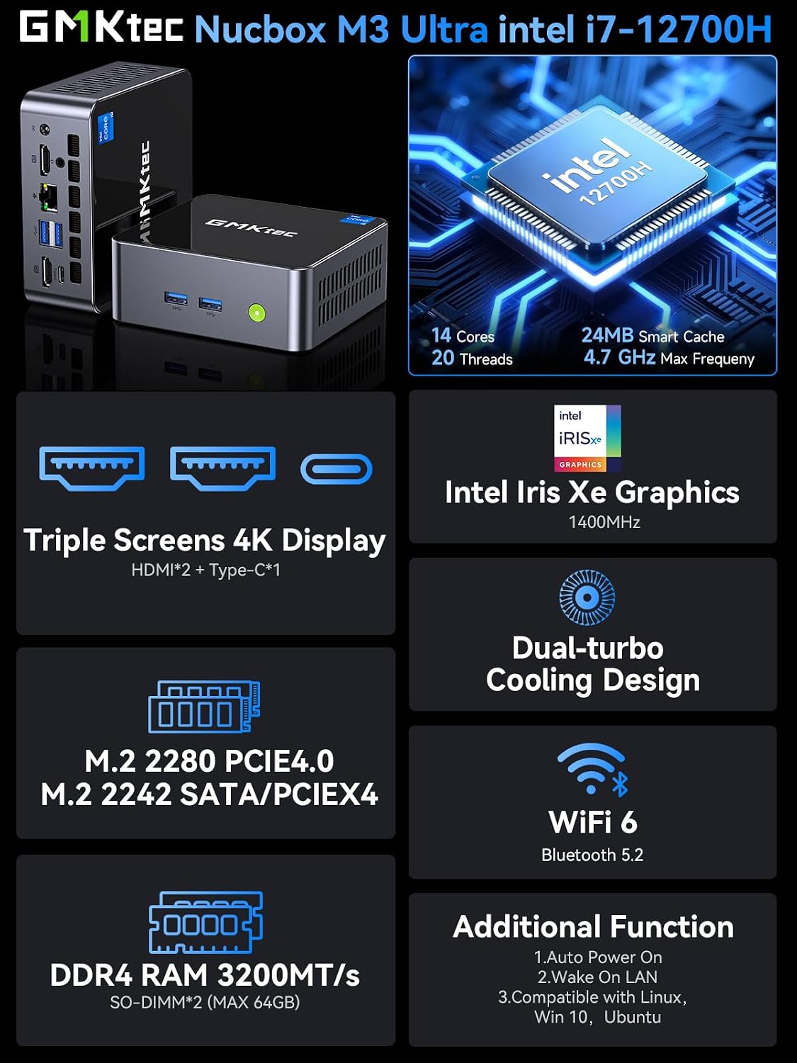 Detalle 2 de GMKtec i5-12450H Mini PC 4K triple display