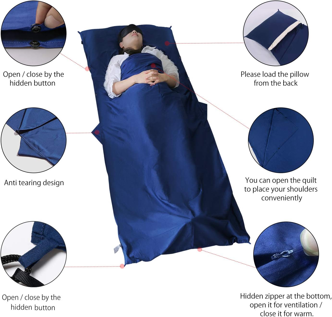 Detalle de MYCARBON Travel Sleeping Bag Liner – 100% Cotton, 220 x 90cm