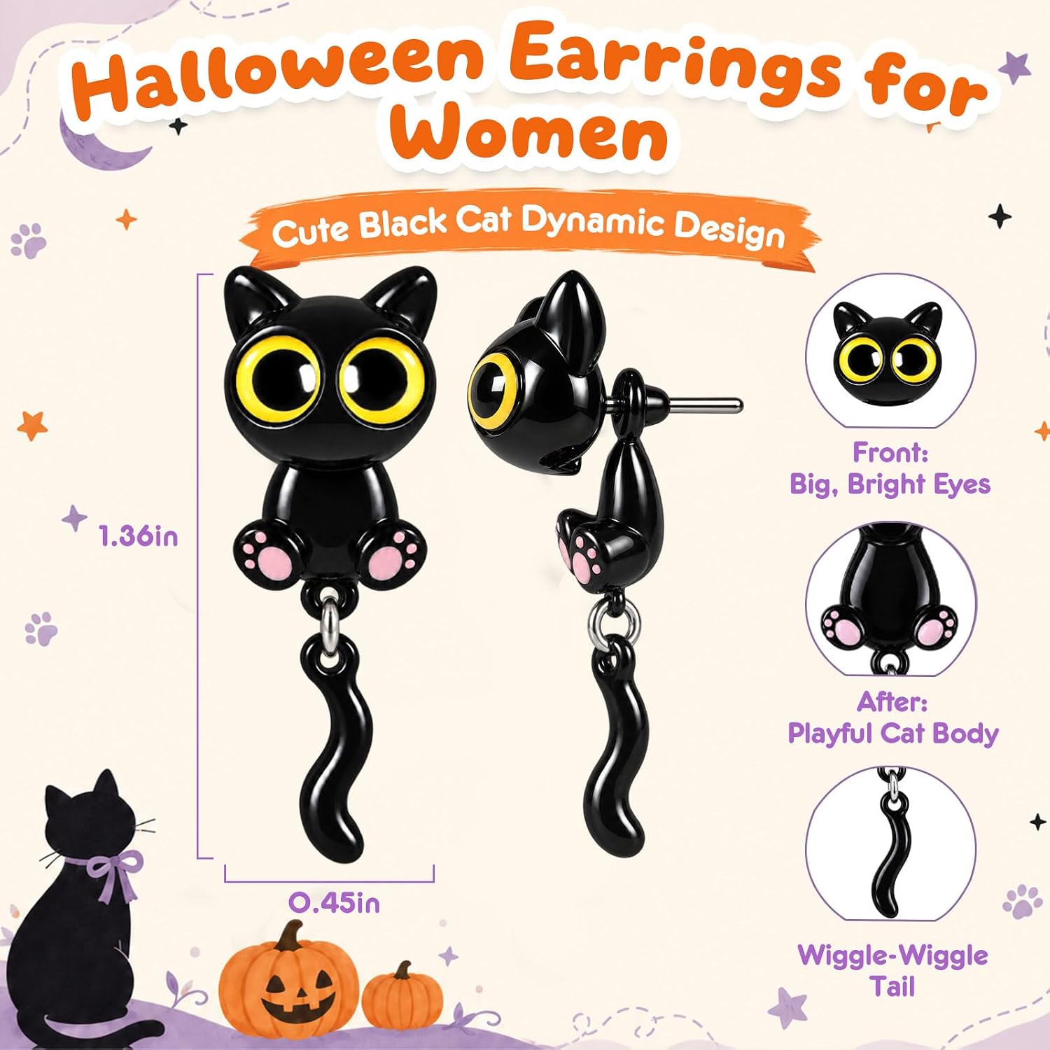 Detalle de Black Cat Stud Earrings, Silver-Plated Copper Posts