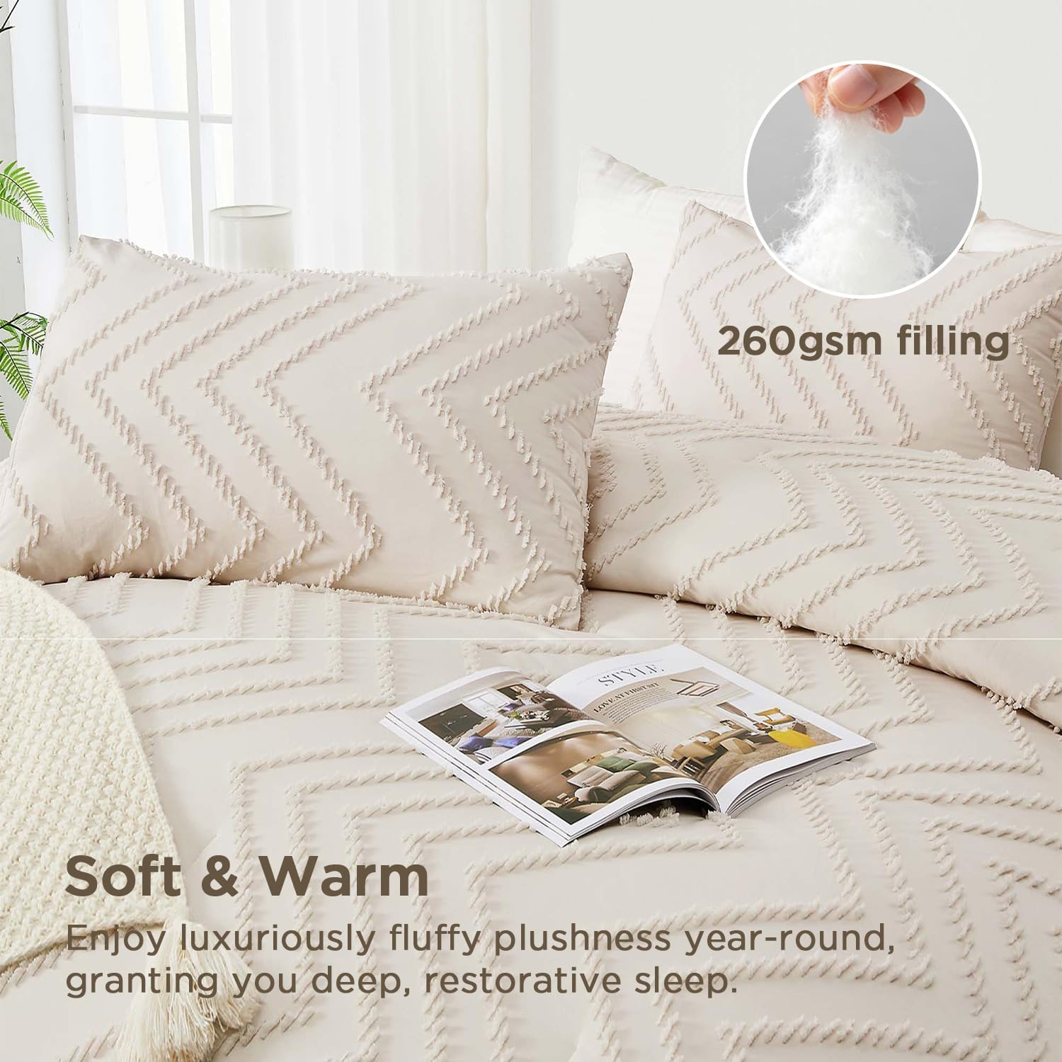 Detalle de Andency Queen Comforter Set Beige (Queen Size, 3-Piece Boho/Cream Neutral Bedding)