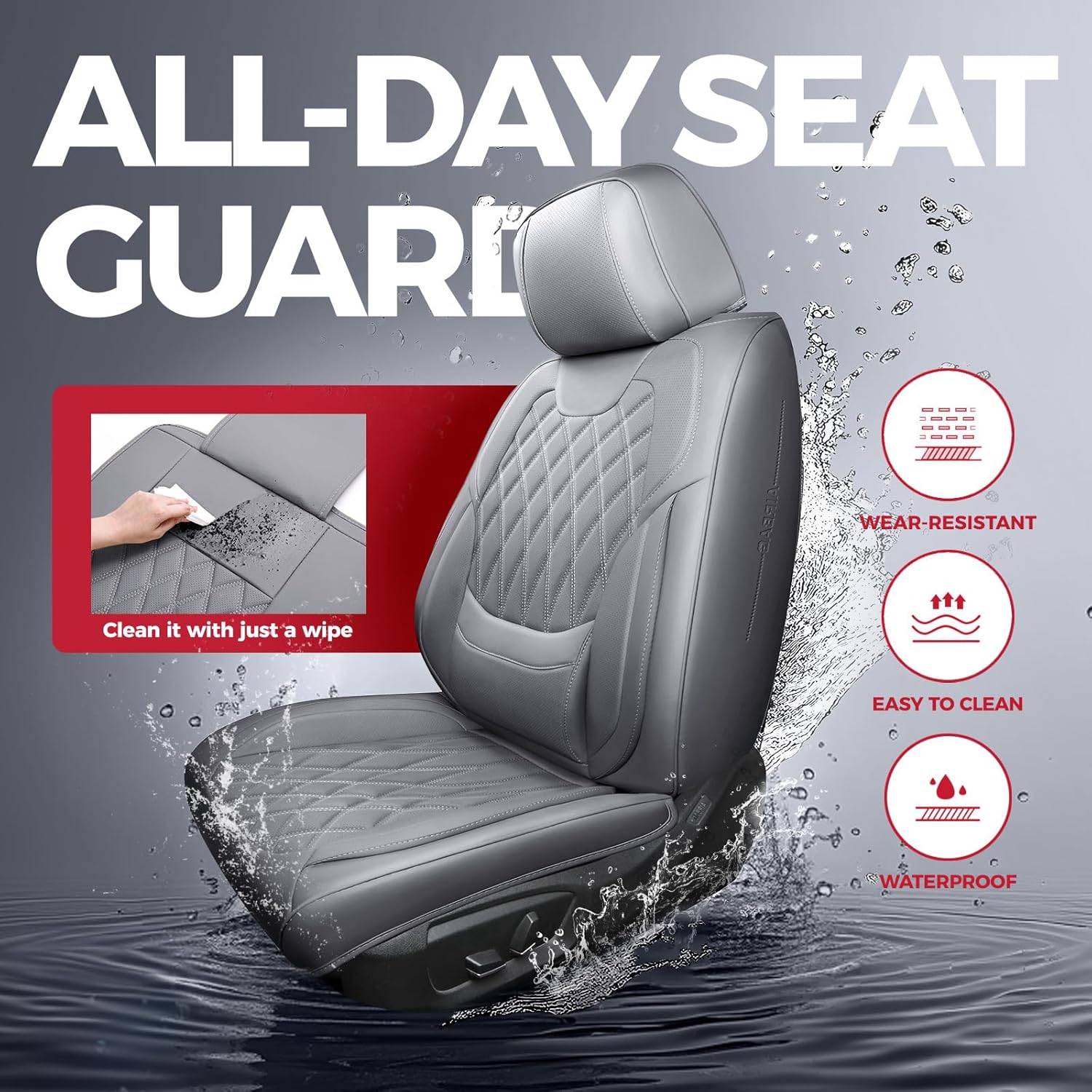 Thumbnail 4 de FREESOO Gray Car Seat Cover Full Set with Lumbar Support – Faux Nappa Leather, Breathable, Waterproof