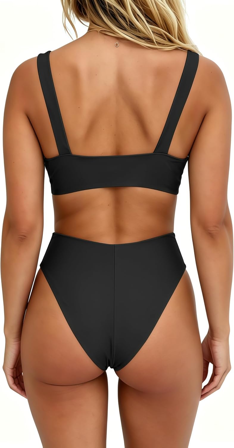Detalle 2 de geluboao Solid V-Neck Knot Front Push-Up Bikini Set with High-Rise Thong Bottom