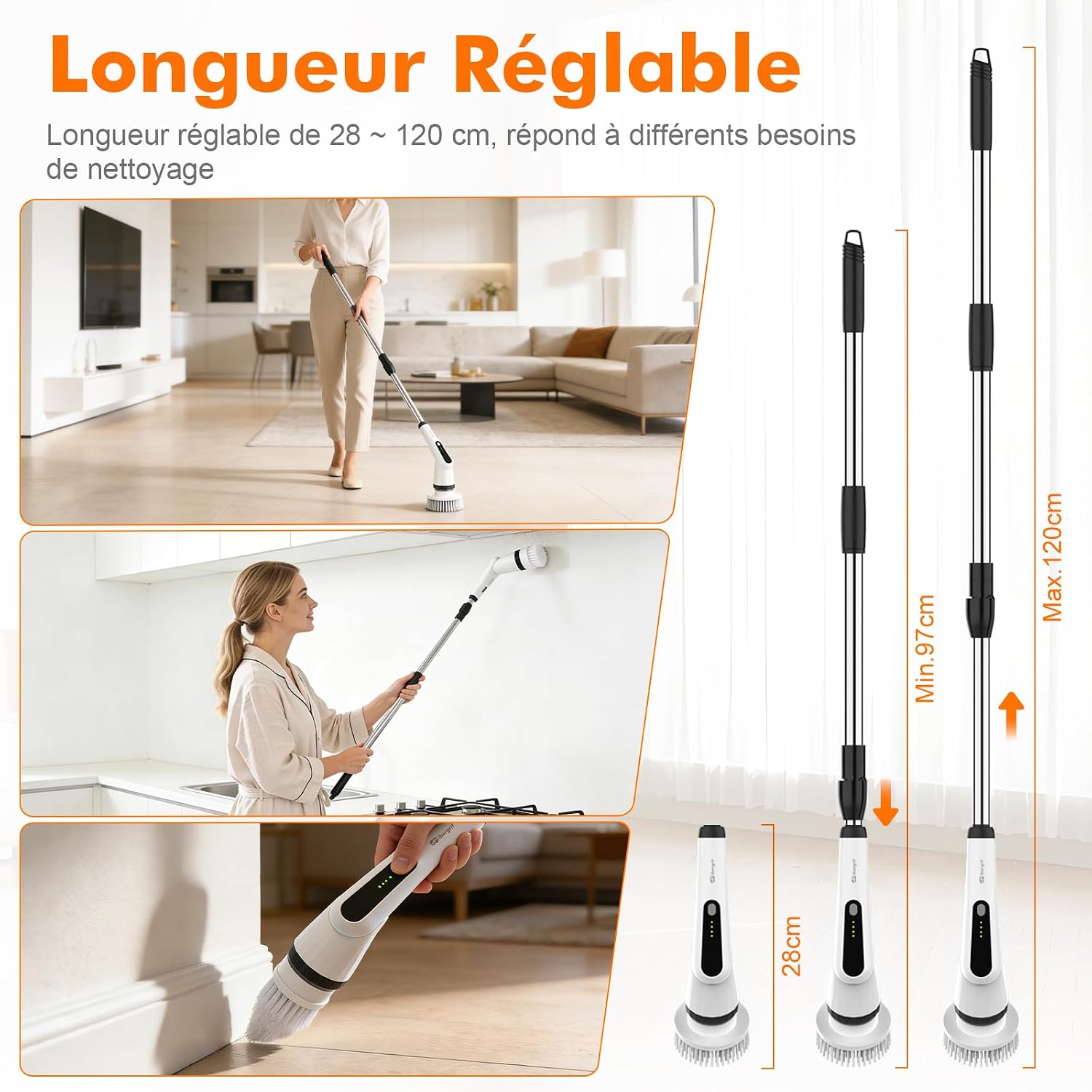 Detalle de Ibergrif Brosse de Nettoyage Électrique Rotative 6 en 1 – Manche télescopique et IPX7