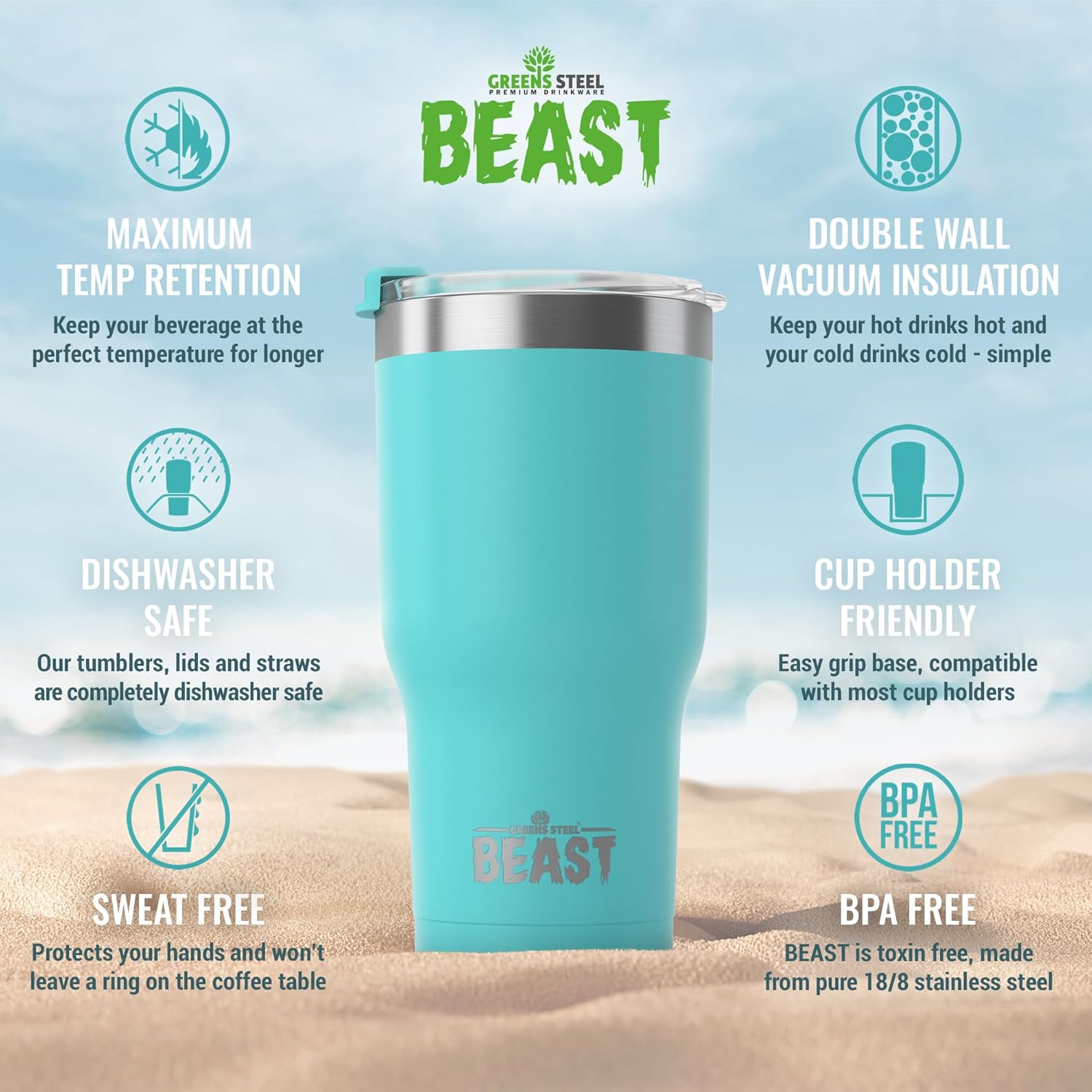 Thumbnail 5 de Beast 40 oz Tumbler: Aquamarine Blue Stainless Steel Vacuum Insulated Travel Flask