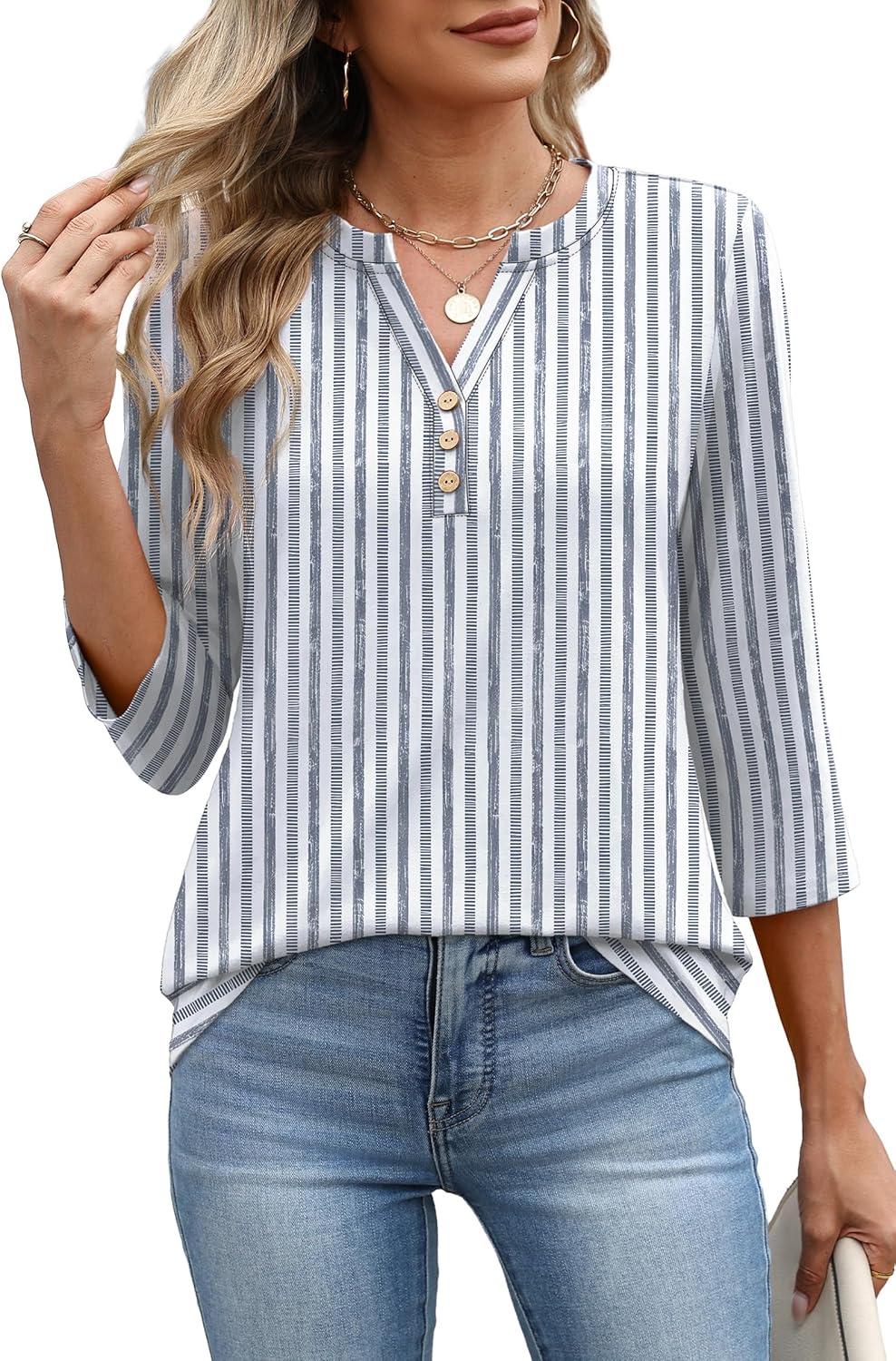 Thumbnail 2 de Aokosor Womens 3/4 Sleeve V-Neck Blouse Tunic: Versatile Office-Ready Top