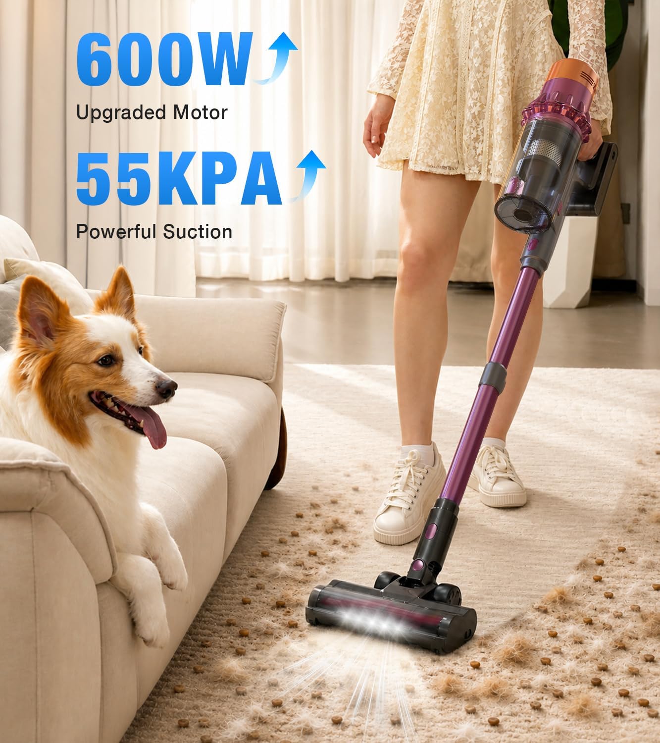 Detalle de QIUTAN DHC250 Cordless Stick Vacuum, 1.8L Dust Cup, HEPA Filter, LED Floor Brush
