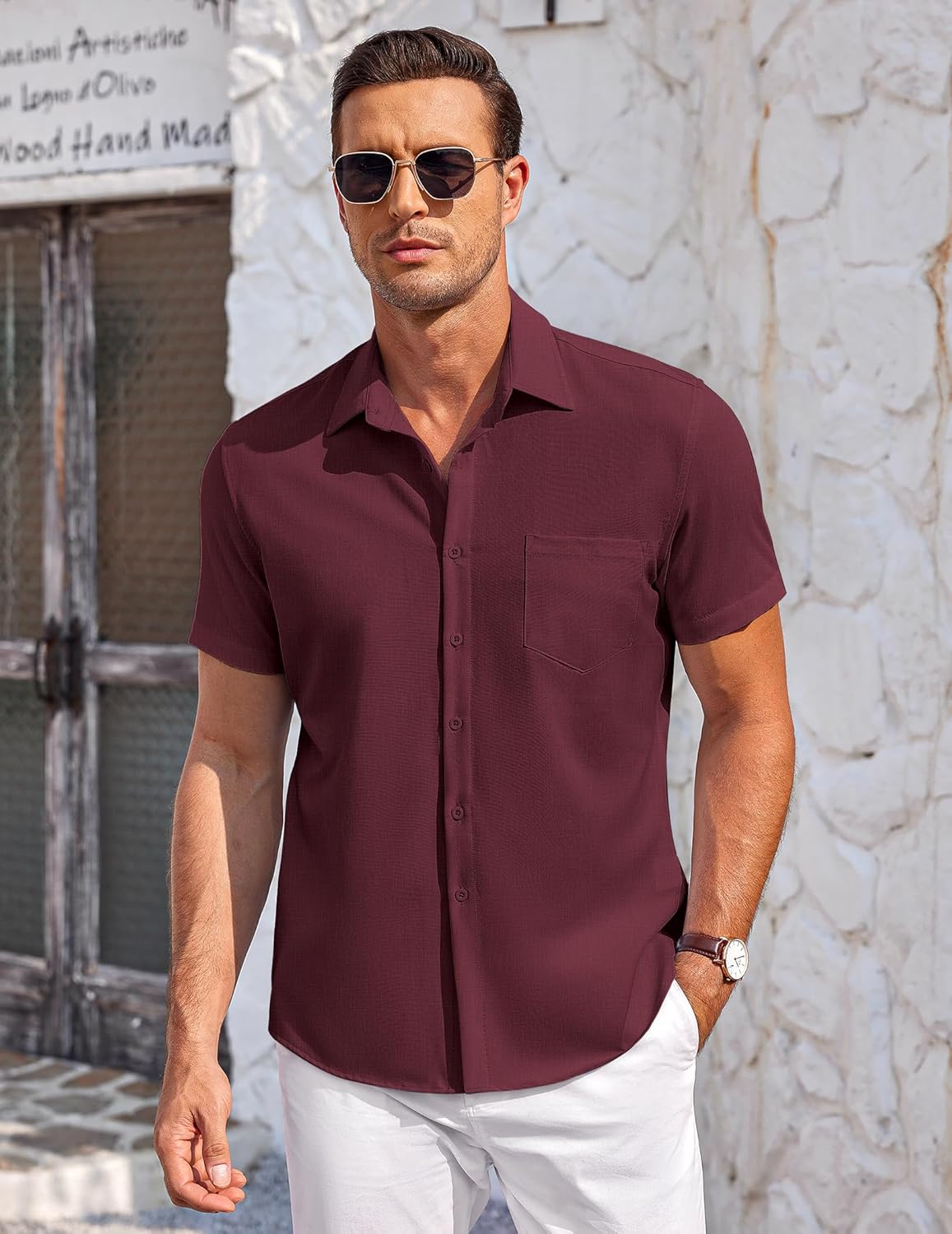 Thumbnail 2 de COOFANDY Herren Hemd Kurzarm Sommer Strandhemd Regular Fit mit Brusttasche