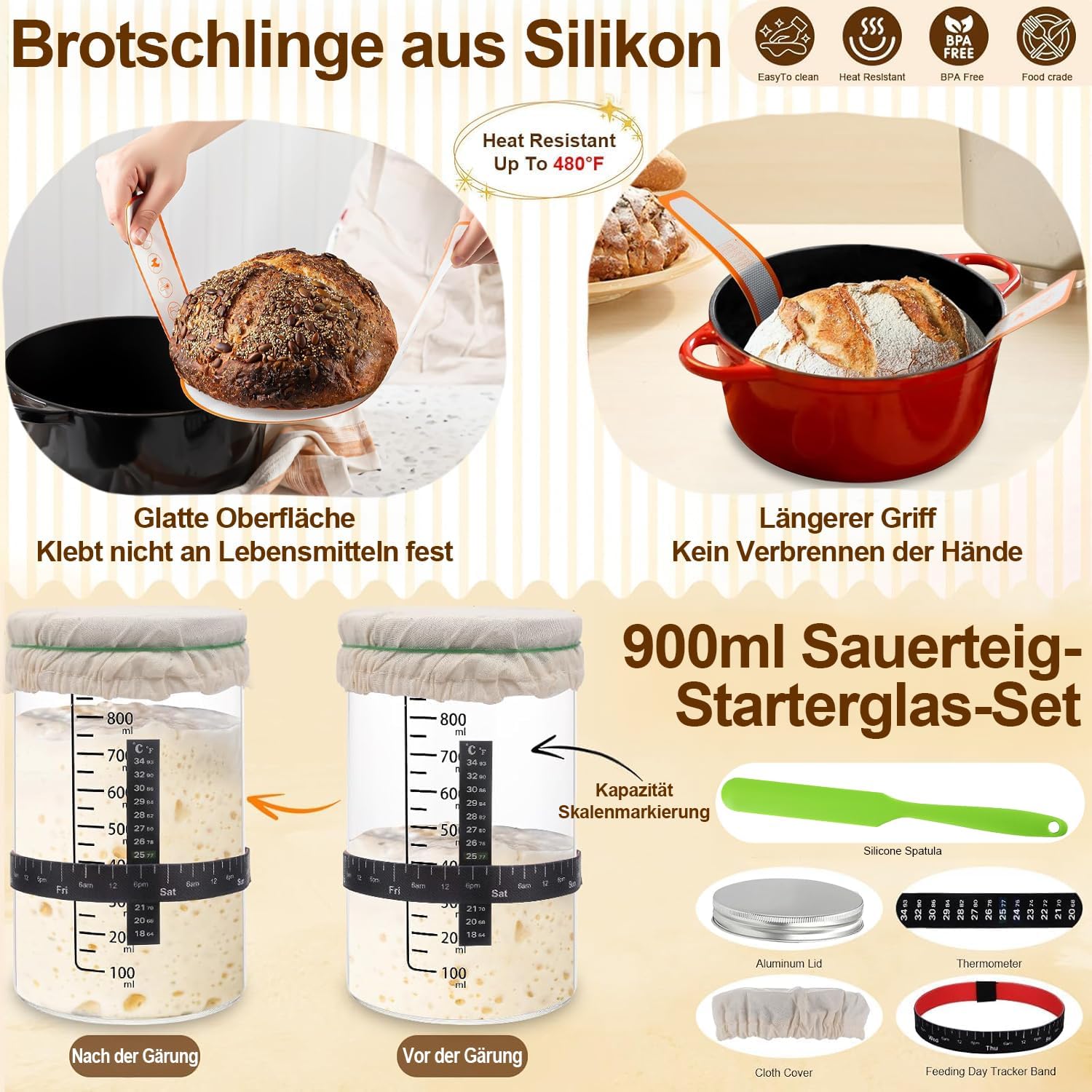 Thumbnail 3 de HELISAN 21-teiliges Sauerteig Starter Set mit 2 Gärkörbchen (23 cm rund & 25 cm oval) und 900-ml Glasgefäß